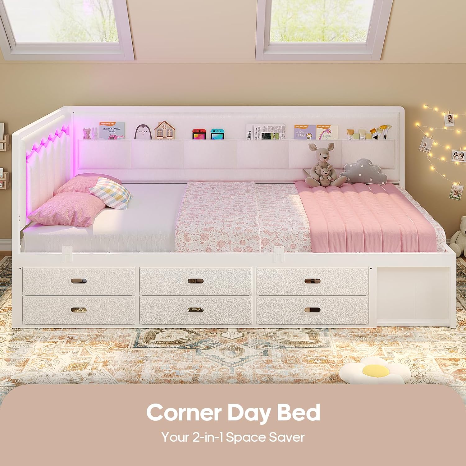 ADORNEVE Twin Corner Bed Frame with 8 Drawers, 6 Storage Pockets, Twin Daybed with Storage and RGB Wave Lights, Twin Size Platform Bed with L-Shaped Upholstered Guardrail for Kids Teen,White
