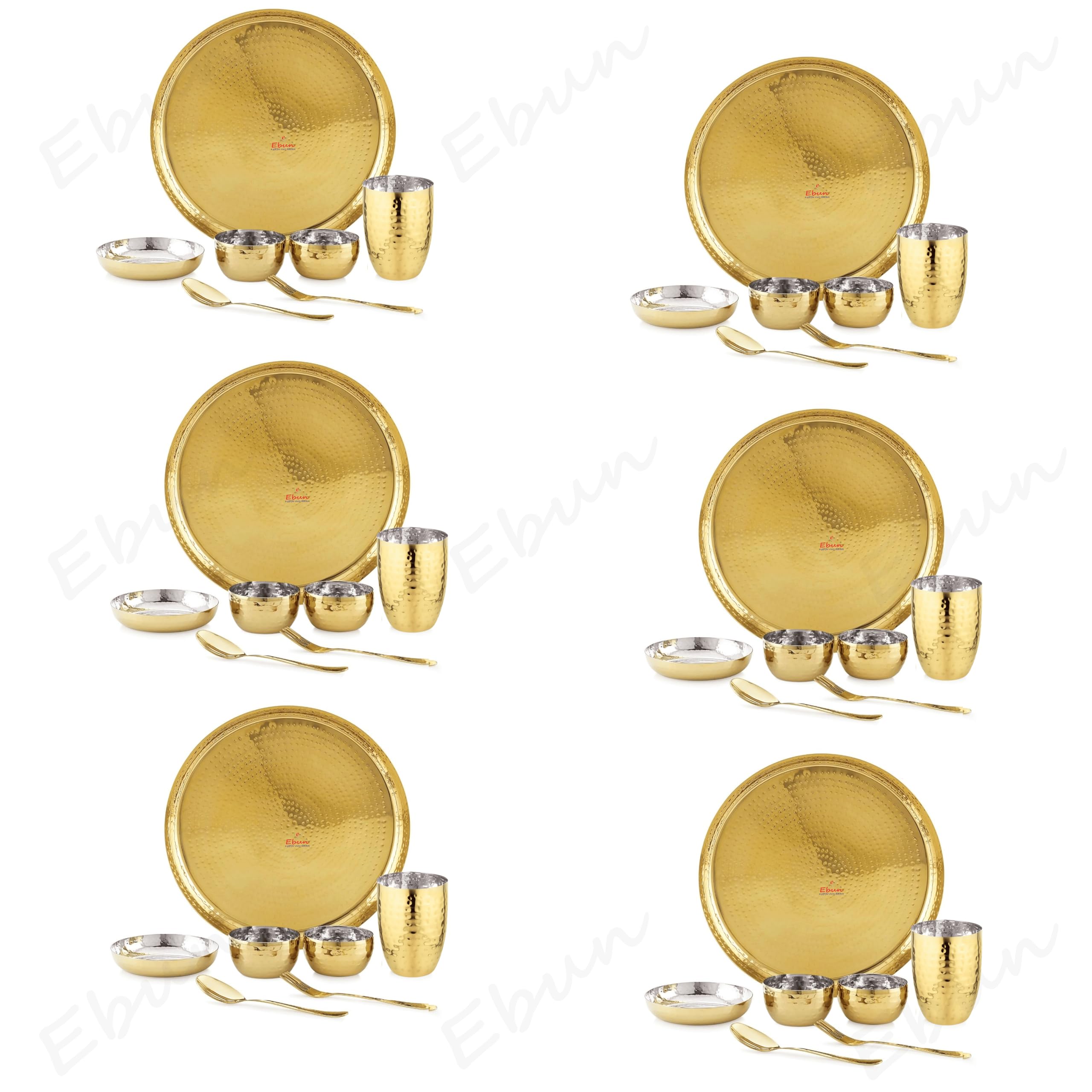 Ebun Heavy Gauge Stainless Steel Dinner Set | Gold PVD Plated Steel Thali Set | Steel Dinner Set for Kitchen | Thali Set for Dinner | Pack of 6 | 42 Pieces | Gold PVD Plated