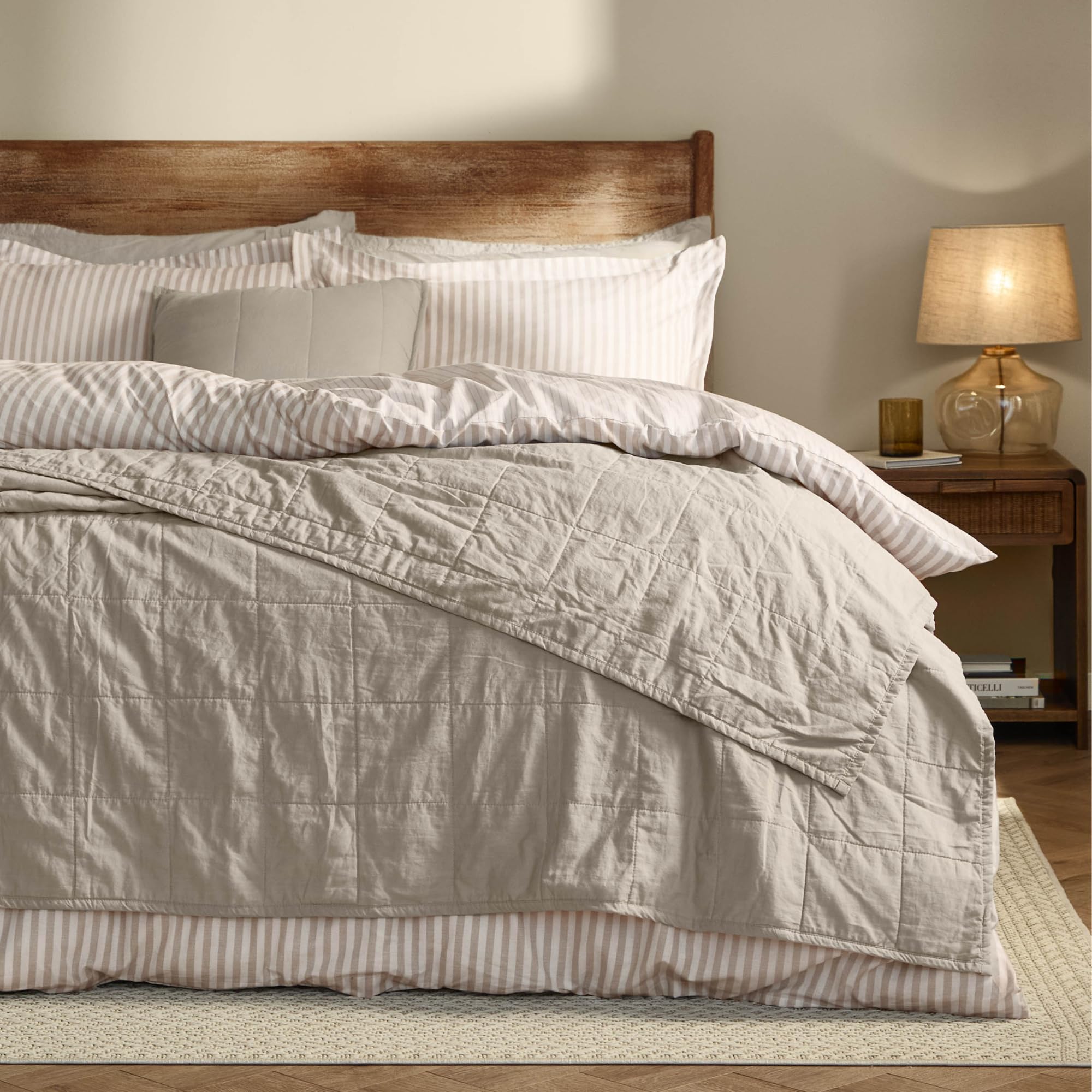 Yard Hebden Washed Cotton Quilted Bedspread – Relaxed Soft Percale Breathable Coverlet (Stone – 265x265cm)