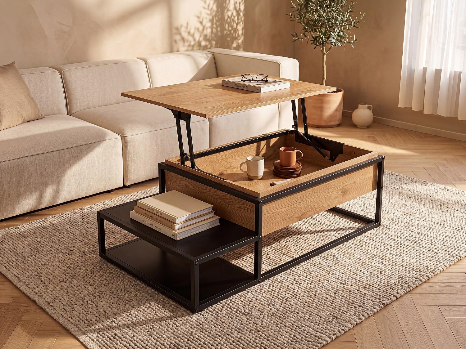 Vente-unique Table Basse avec Plateau relevable - MDF et Métal - Naturel et Noir - LUTESA