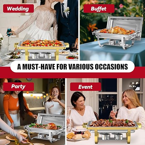 Miniatura 8 de IMACONE Juego de 2 recipientes de bufé de acero inoxidable de 8 cuartos de galón rectangulares y calentadores de buffet para catering, con bandeja