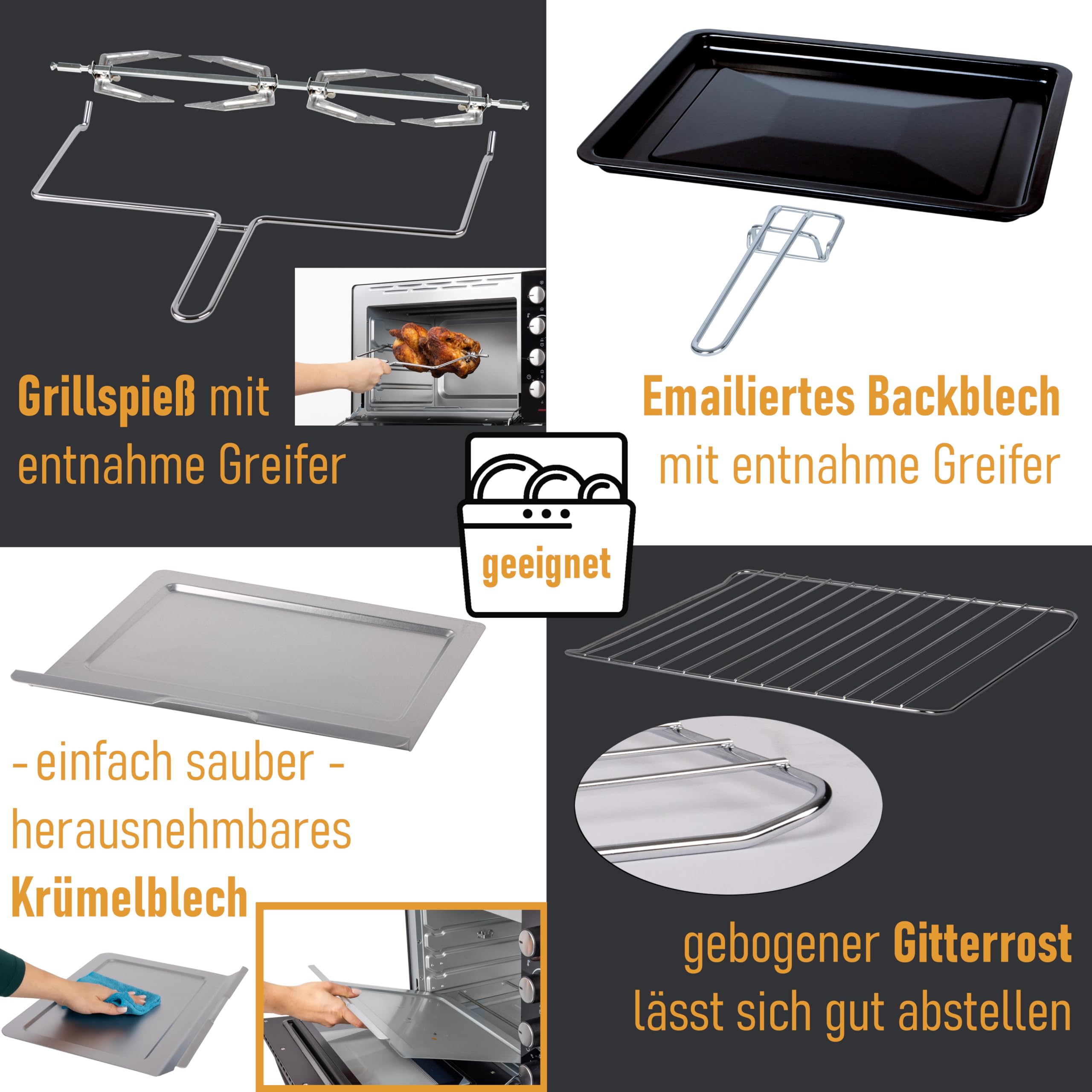 Minibackofen 45 Liter mit Glasfront und 2.000 Watt | Mini Backofen mit Umluft, Drehspieß und Krümelblech | Ober-/Unterhitze | Konvektion | 60 min Timer | Neues luft-isolierten Gehäuse, Mini-Ofen