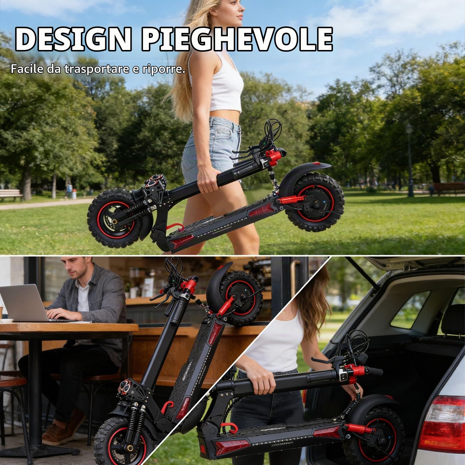 Monopattino Elettrico Adulti Fuoristrada, Batteria 48V 18Ah, Ruote 11" Off-road, Doppia Sospensione, Freni a Disco, Carico 150kg, Modalità Risparmio 25km/h, Scooter Pieghevole Professionale