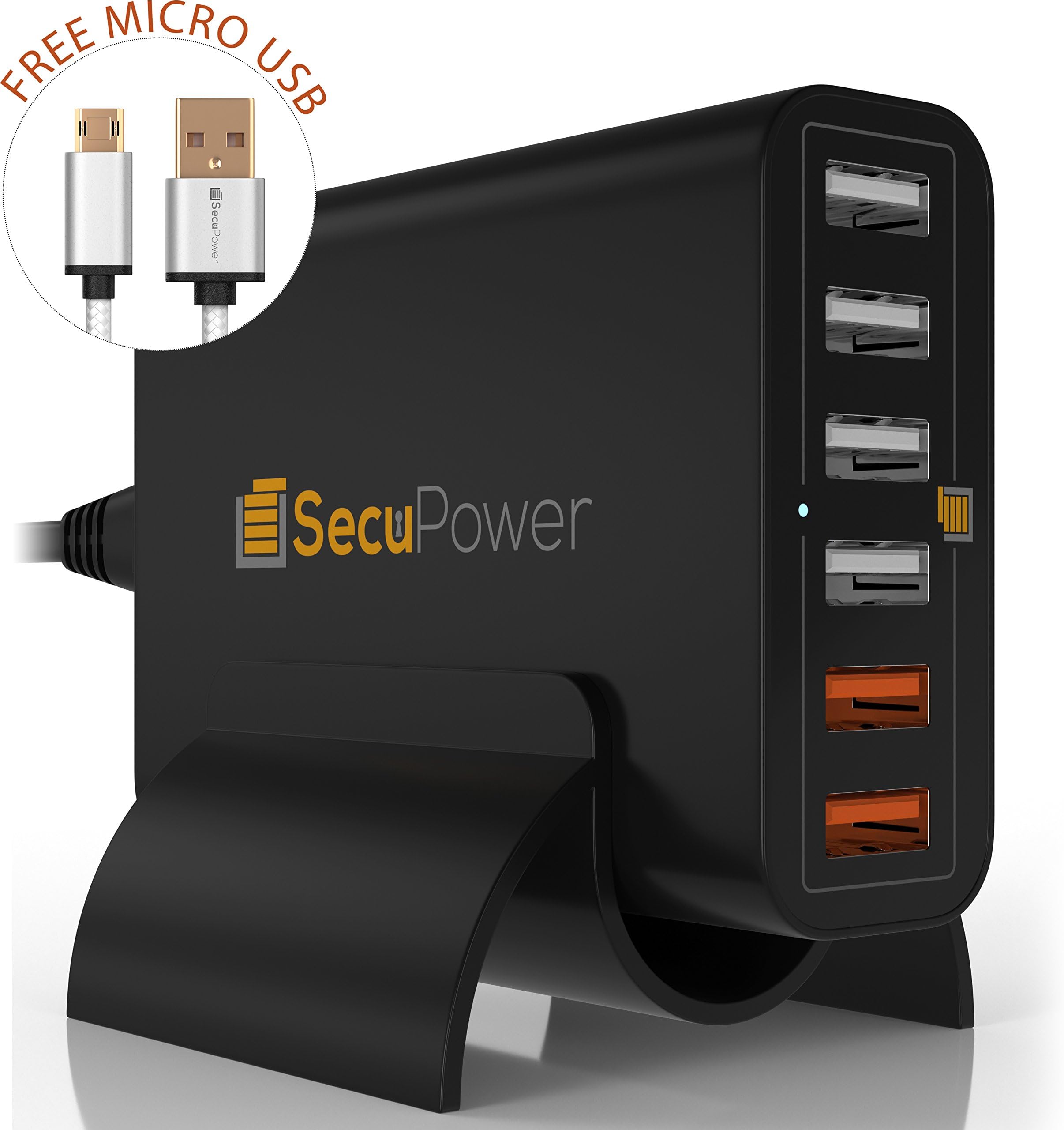 SecuPower 6 Port USB Wall Charger with 2 Qualcomm Quick Charge 2.0 & 4 Smart Ports (60W) (Black)