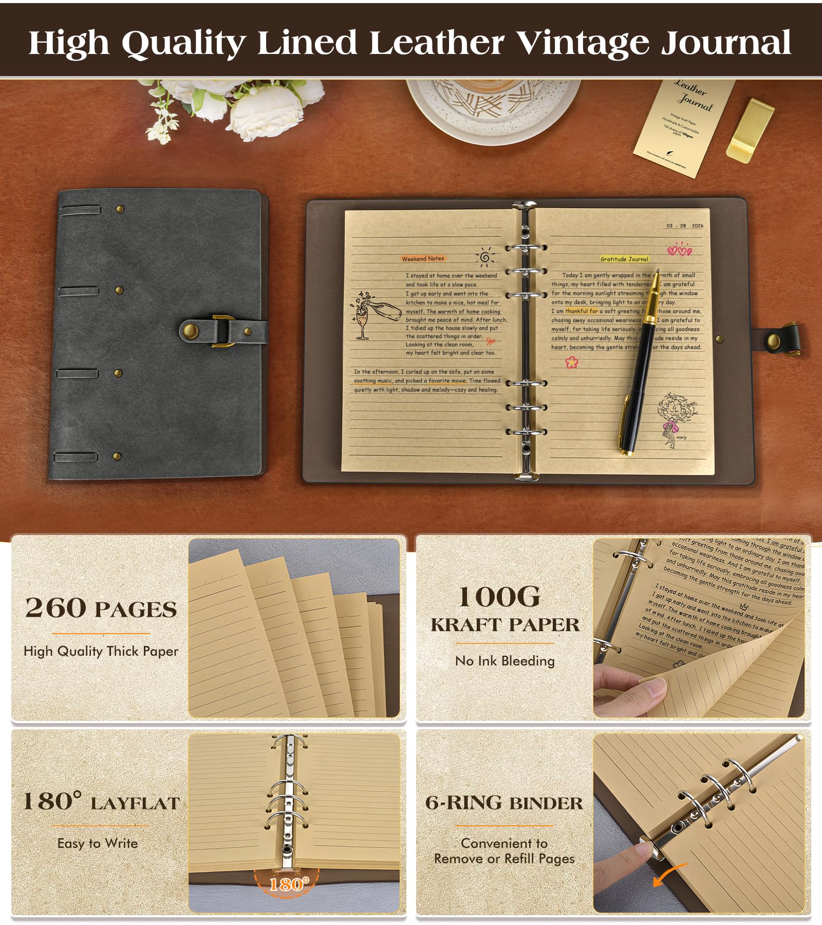 Amazon | レザージャーナルノート 100GSM 厚罫紙 詰め替え可能