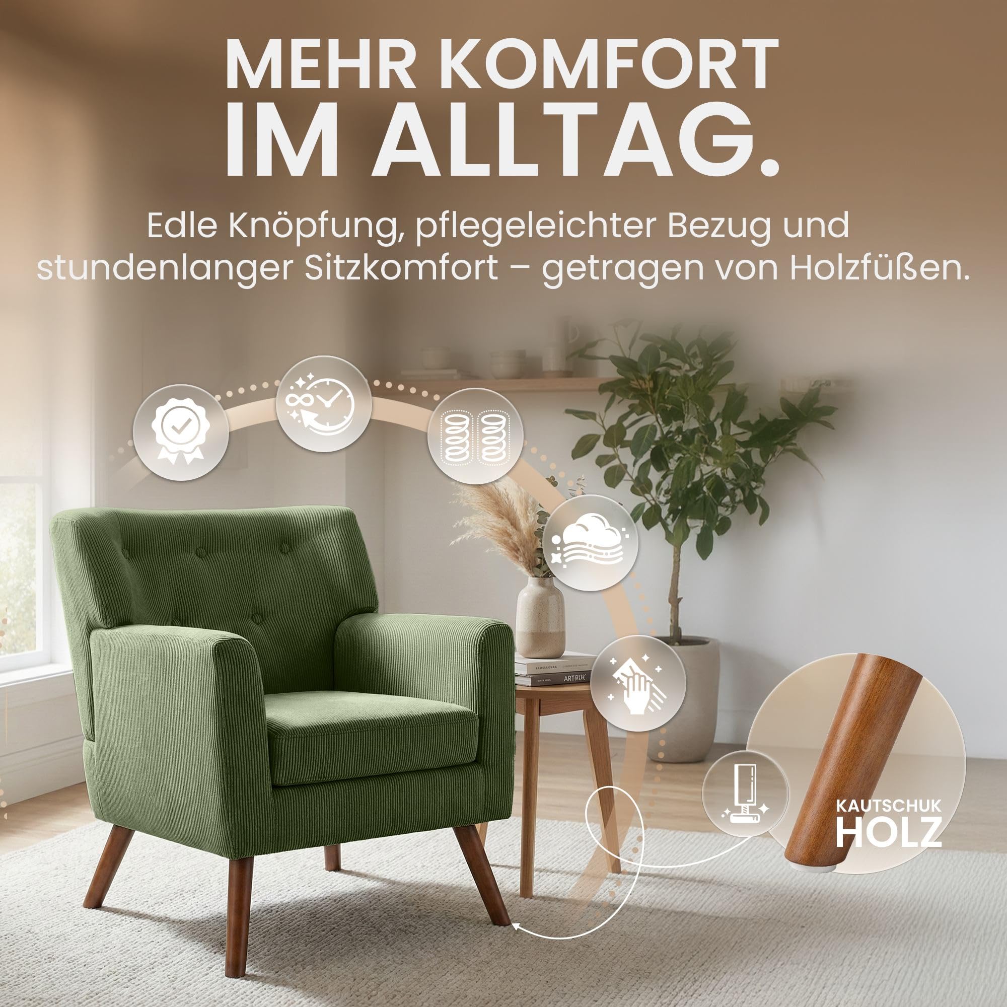 CLP Sessel gepolstert mit Cordbezug Kioni, Polstersessel mit Armlehnen, Ohrensessel bis 150 kg, Relaxsessel und Fernsehsessel für Wohnzimmer, Farbe:grün