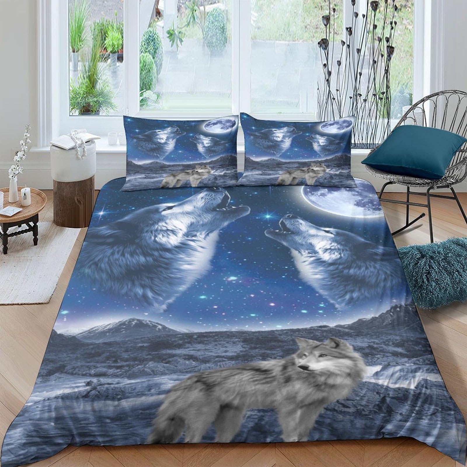 Ctjqhvkz Style-4 3D Printed Wolf Moon Fitted Sheet Microfiber Soft Breathable Night Sky Bed Cover Anti-Slip Bedroom Decor Single（135X200cm）