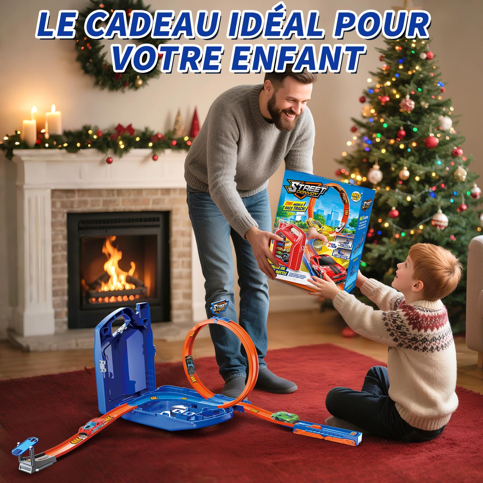 Charmofun Piste de Course 2 en1, Circuit Voiture Enfant avec 6 Voitures, Bboîte Rangement, Piste de Voiture avec Looping et U Track, Portable Jouet Circuit Voiture pour Enfants 3+ Ans (Bleu)