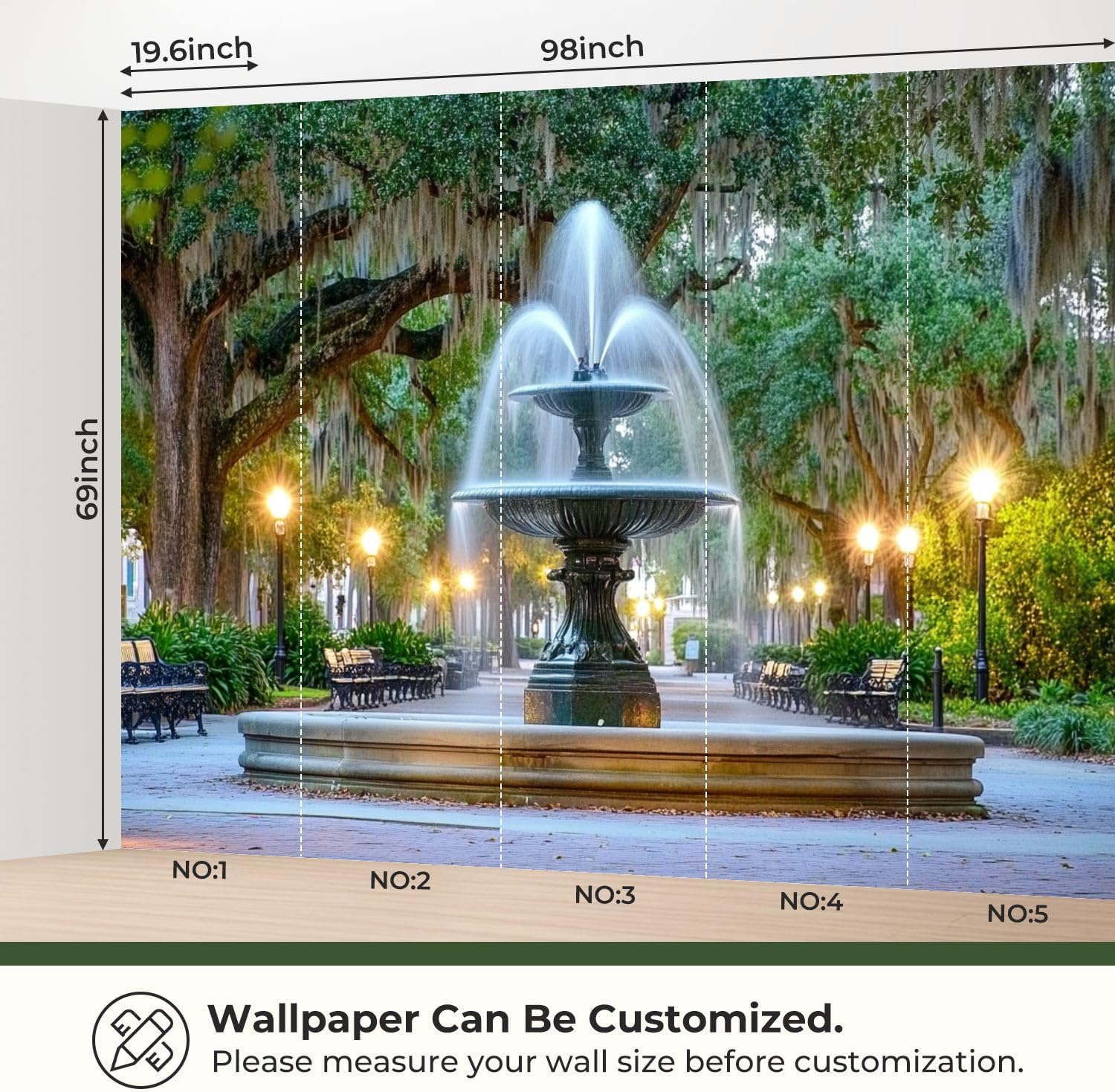 Modern Peel and Stick Wallpaper Removable Wall Murals 3D Savannah Georgia Fountain Water City Pictures Royalty Free Self-Adhesive PVC Wall Stickers for Living Room Bedroom 96"x69"