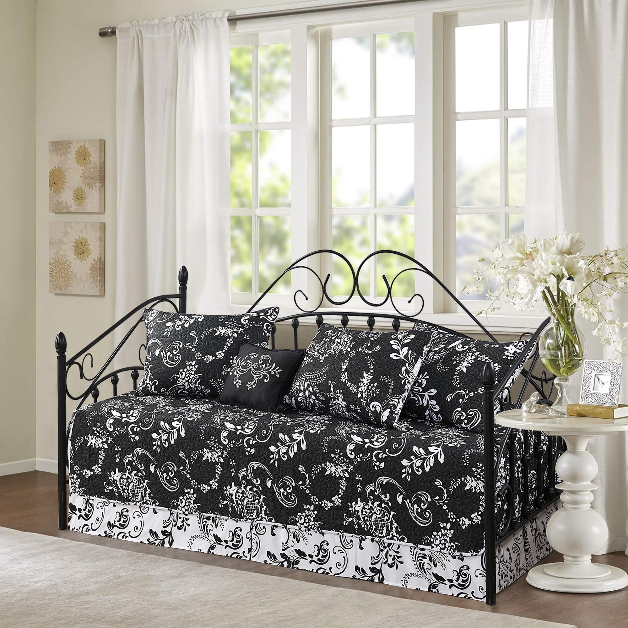 6 Piece Reversible Microfiber Bohemian Florals Printed Daybed Cover Set, All Season Luxury Bedding with Bedskirt, Matching Shams, Decorative Pillow, 75"x39", Black