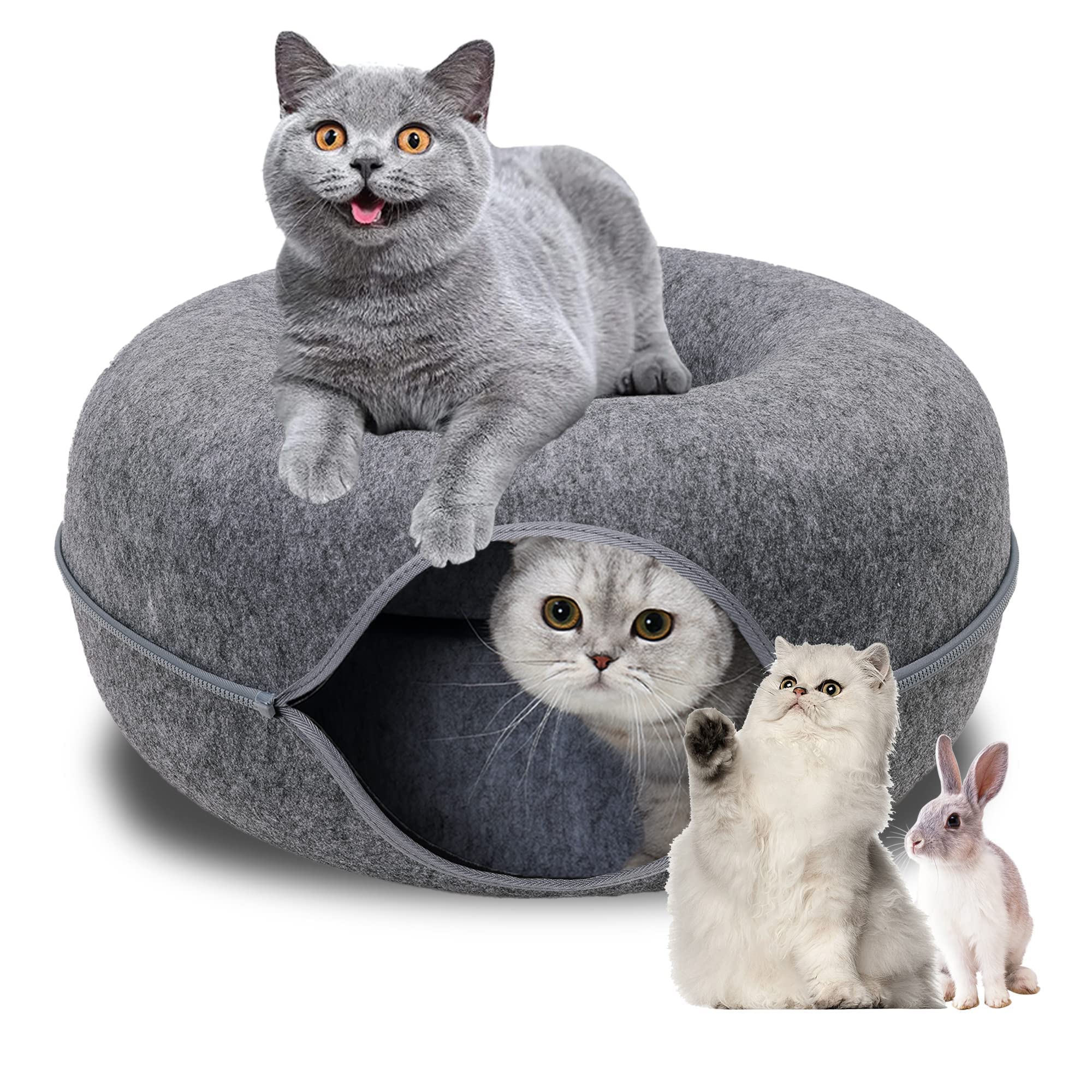 Cat Tunnel Bed, Cat Tunnel, Jia Xi Indoor Cat Hideout, Donut Cat Bed, Universal for All Seasons Cat Condo and Cat Cave (24 in * 24 in* 11 in) Dark Grey 24 inch Dark Grey