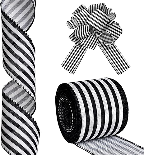 Miniatura 9 de MuRealy Cinta para manualidades con alambre, cinta de poliéster a rayas blancas y negras, cinta con alambre de 10 yardas de 2.5 pulgadas, cinta de