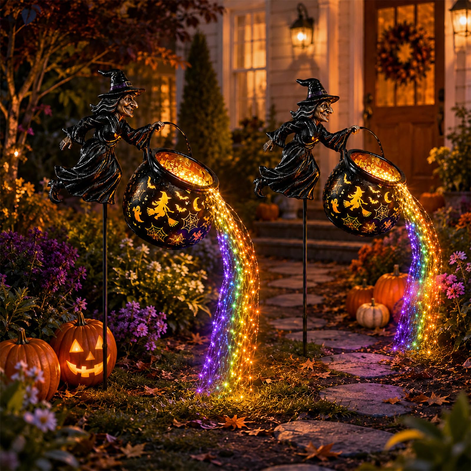 Tremenday Halloween Witch Cauldron Garden Light,Colorful Waterfall LED Flow with Flying Witch Projector for Outdoor Yard Lawn Patio Porch Decorations (2Pcs)