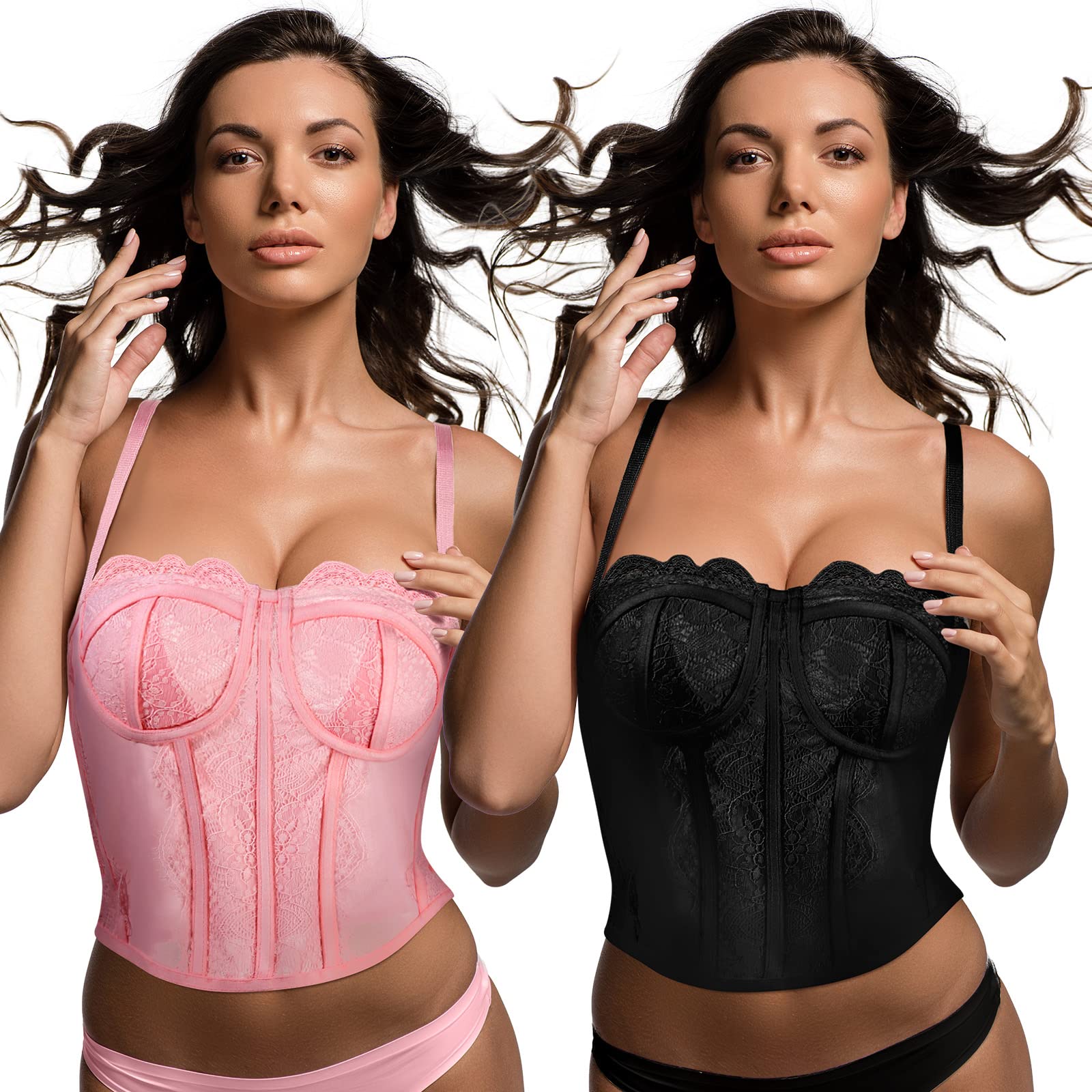 Xtinmee 2 Pack Lace Corset Tops for Women, Summer Bustier Top Vintage Spaghetti Strap Cami Tops Boned Push Up Corset Crop Top