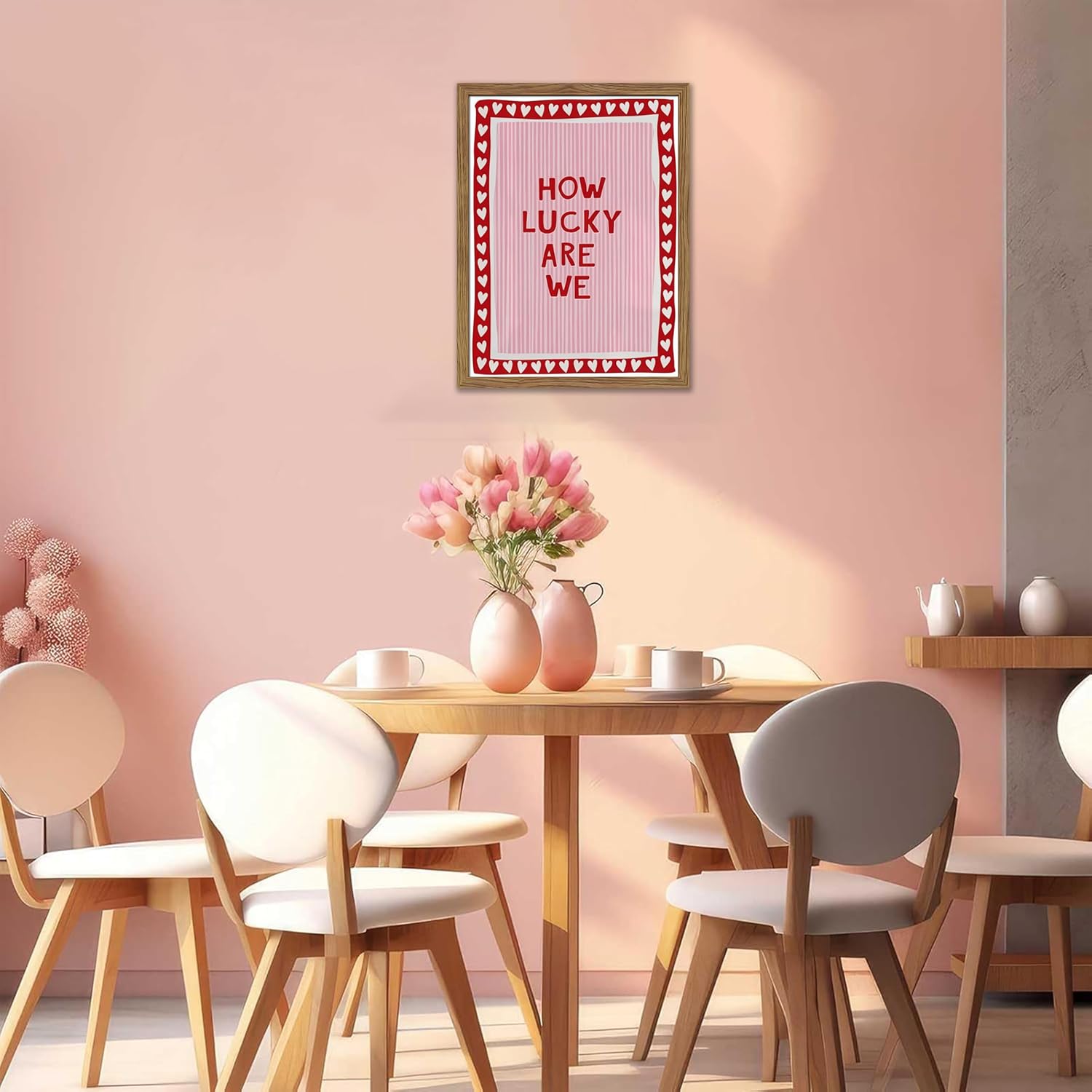 Framed How Lucky Are We Wall Art, Vintage Pink Inspirational Canvas Wall Decor Painting, Trendy Preppy Stripe Romantic Quotes Posters Prints Pictures for Bedroom Dorm Valentine Gift 12x16 Inch