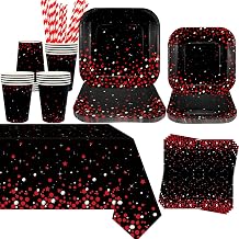 Red and Black Party Supplies - Red Black Birthday Party DecorationsIncludes Plates, Cups, Napkins, Tablecloth, Straws - Serves 20