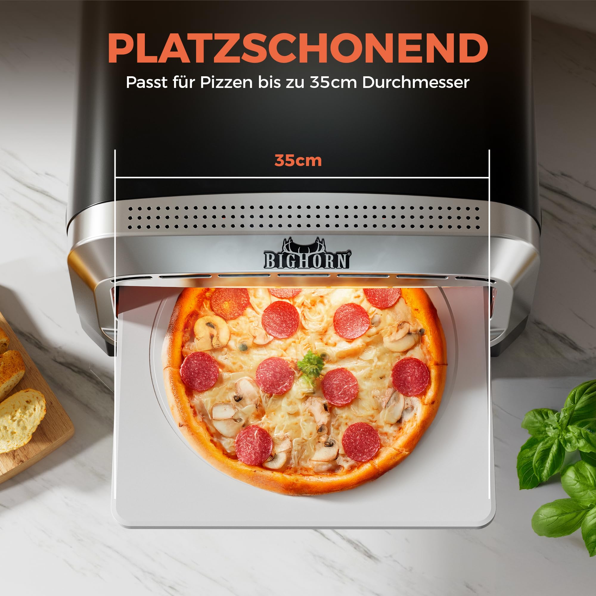 BIG HORN OUTDOORS Pizzaofen für den Innenbereich, 35 cm Elektro-Tischpizzaofen mit 6 voreingestellten Modi, perfekte Pizza-Backmaschine für zu Hause, Pizzaofen mit Pizzastein und Pizzaschaufel