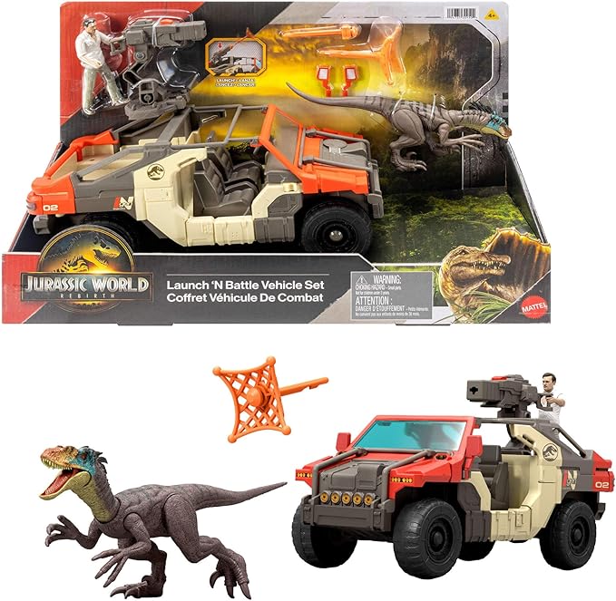 Mattel Jurassic World El Renacer Vehículo Persecución y captura con un humano y un dinosaurio, figura de Martin Krebs y velocirraptor, torreta y dos proyectiles, JGB59