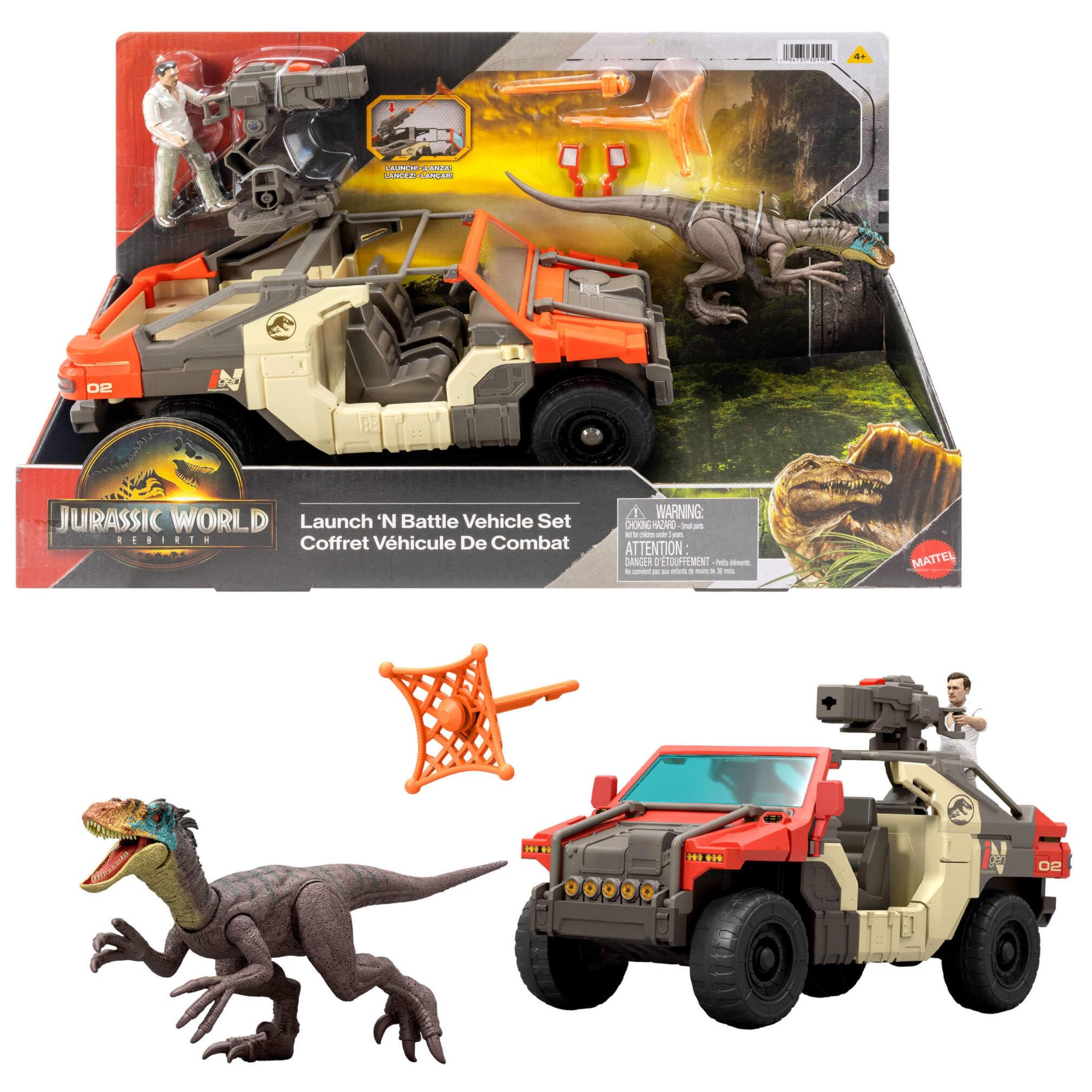 Mattel Jurassic World El Renacer Vehículo Persecución y captura con un humano y un dinosaurio, figura de Martin Krebs y velocirraptor, torreta y dos proyectiles, JGB59