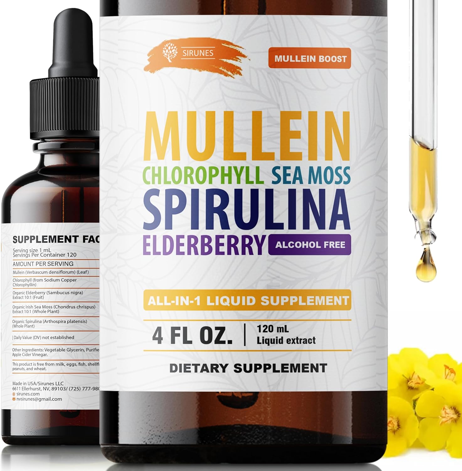 SIRUNES Mullein Herbal Drops with Chlorophyll, Irish Sea Moss, Spirulina & Elderberry – 4 fl oz – Daily Respiratory & Immune Wellness Supplement