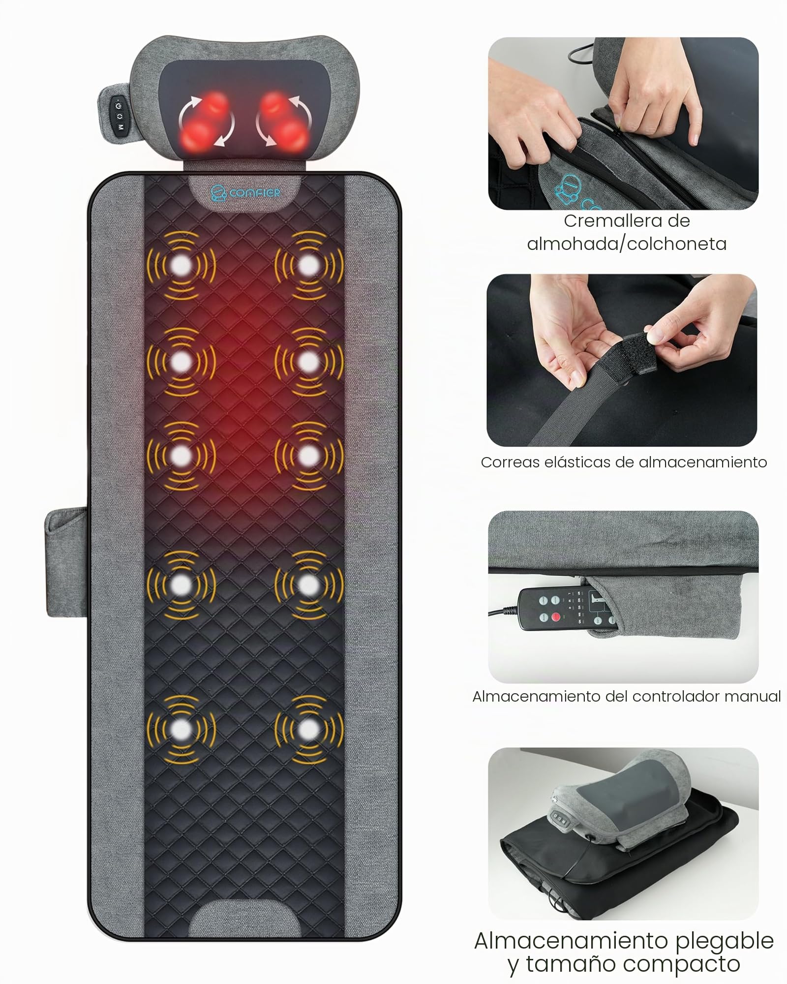 COMFIER Colchoneta Masajeadora Corporal Completo con Calor, Almohadilla de Masaje con 10 Motores y Masajeador Shiatsu Para Cuello, Espalda, Piernas y Cuello, 160 X 56 Cm, Regalo Hombre Mujer