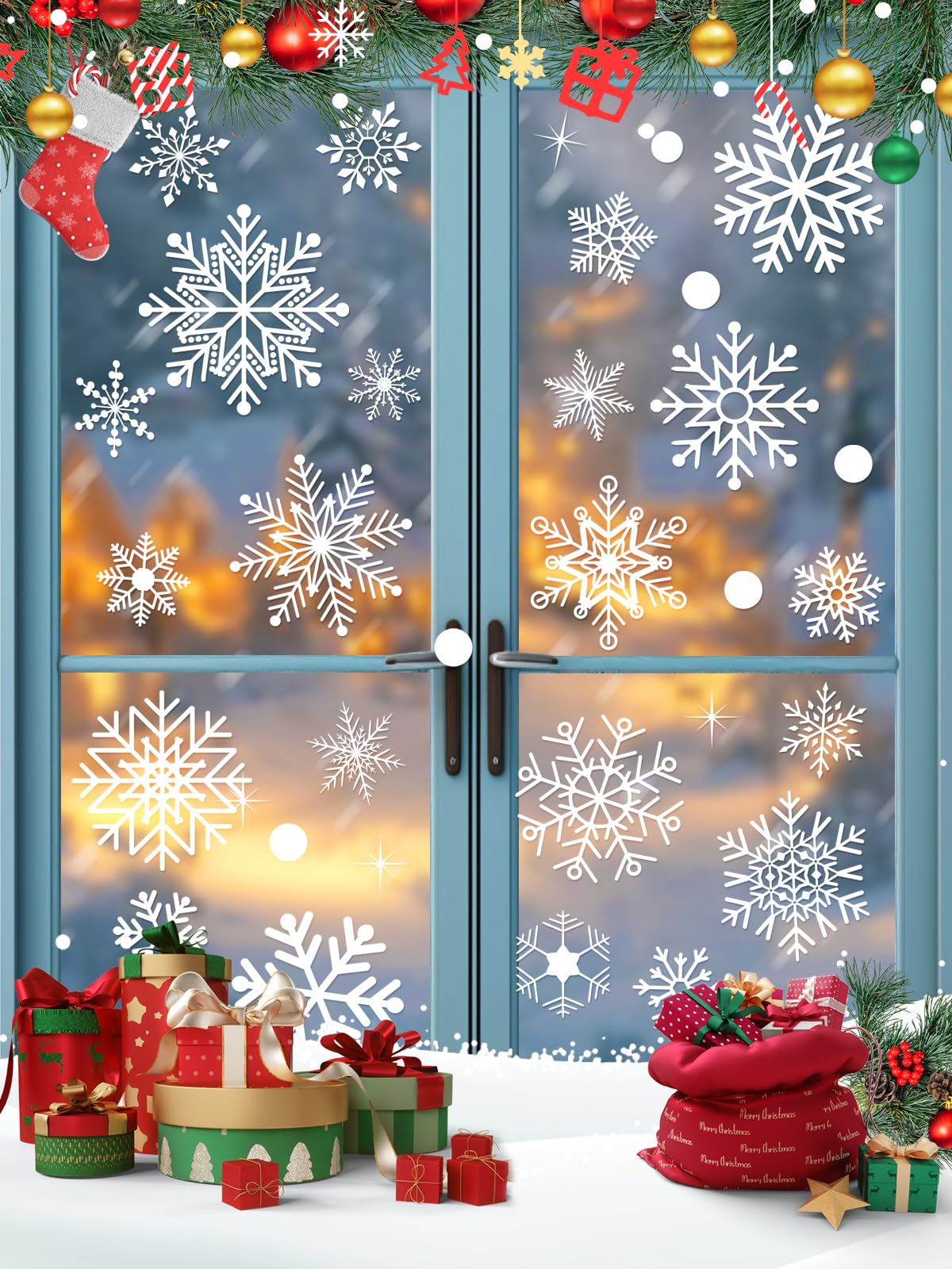 Christmas Window Clings Snowflake, 152 Pcs 8 Sheets Silver Sparkling Glass Window Stickers, Christmas Decorations Decals for Kids Holiday Window Clings Winter Decor Ornaments