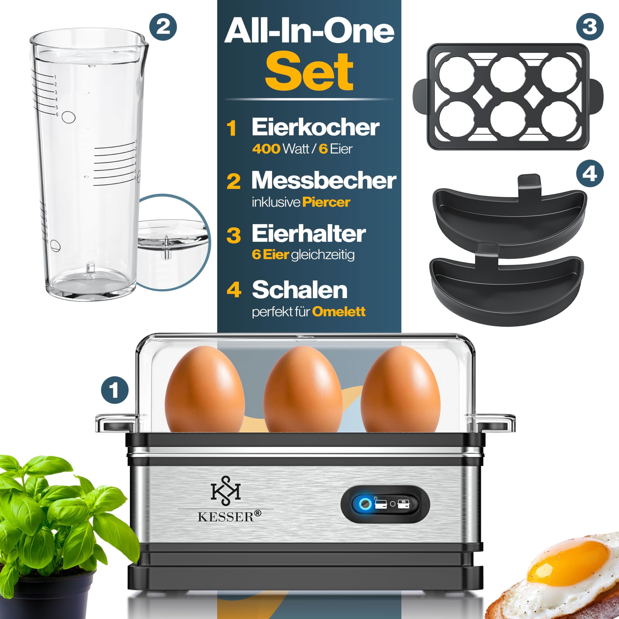 KESSER® Cuit-œufs pour 1 à 6 œufs en Acier Inoxydable 400W & Fonction Maintien au Chaud | Trois degrés de dureté | Sans BPA & Lavable au Lave-Vaisselle | 2x coupelles à Omelette - Argent