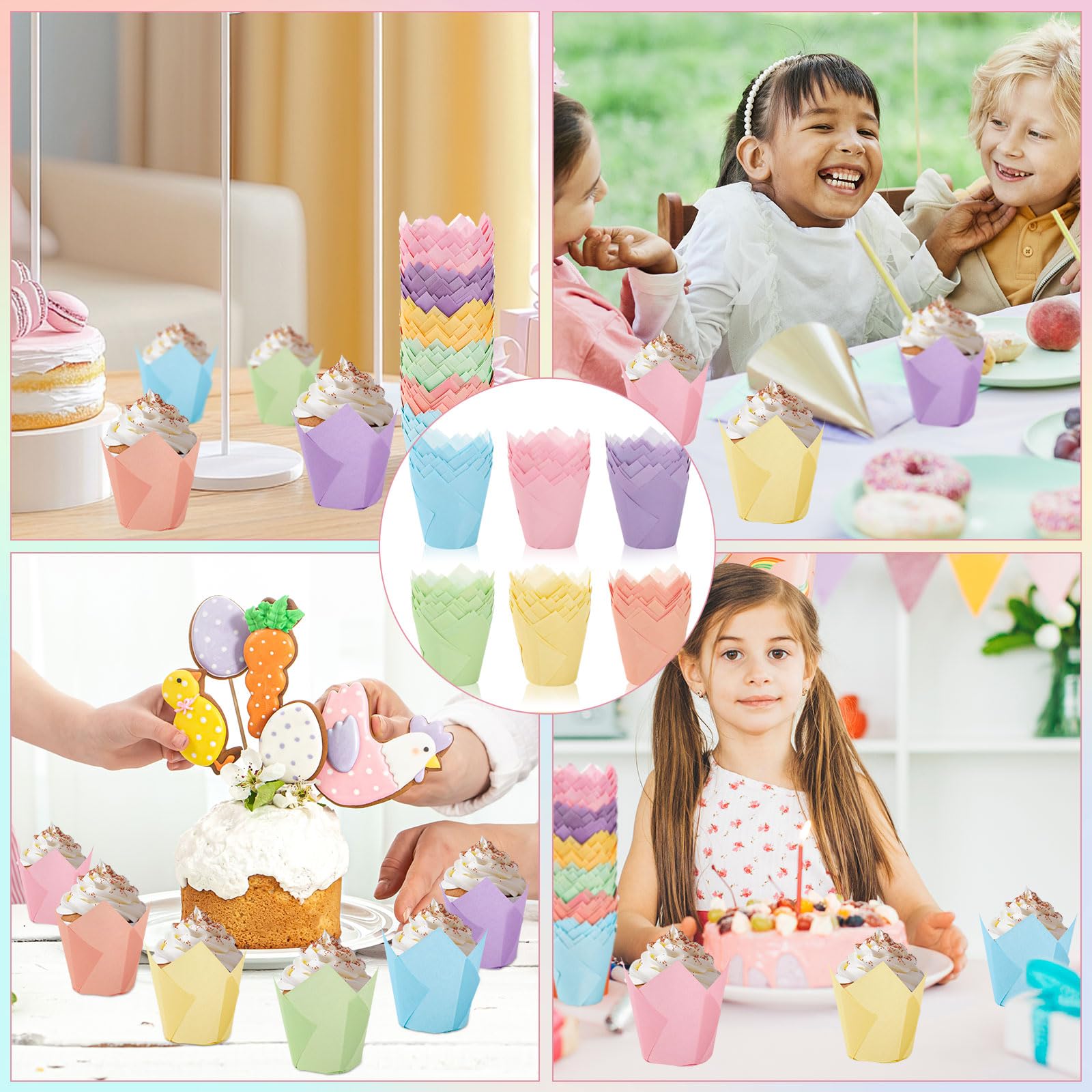 FYSUIMU 180 moldes para magdalenas de tulipán pastel, coloridos moldes para hornear magdalenas, rosa, azul, morado, amarillo, naranja, verde, para primavera, Pascua, vacaciones, suministros de fiesta