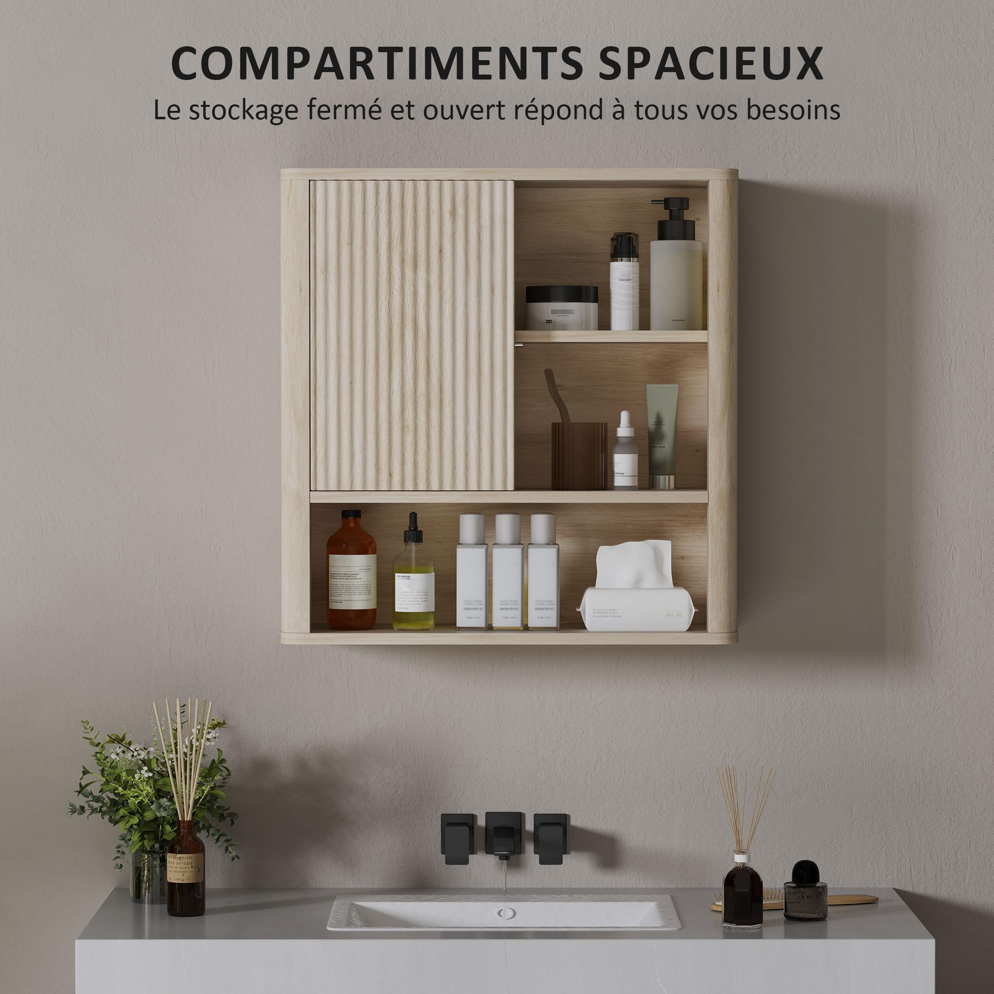 HOMCOM Armoire Murale Armoire Suspendu 60 x 20 x 62 cm Bois Naturel | Meuble Haut Salle de Bain, Porte Coulissante, Étagères Ouvertes, Étagères Réglables