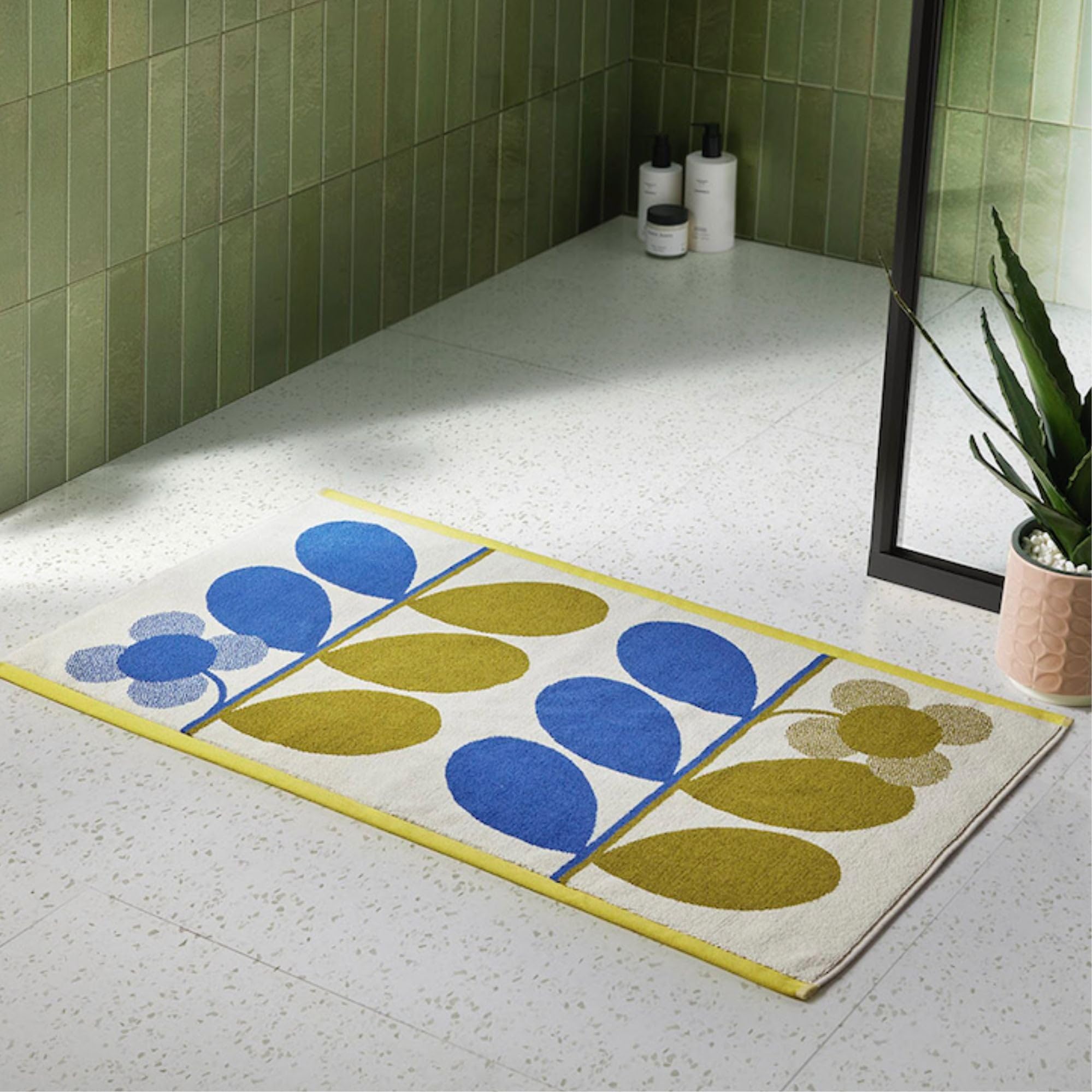 Retro Bath Mat 50x90cm by Orla Kiely in Stem Bloom Duo, Blue Fawn, Blue, Brown