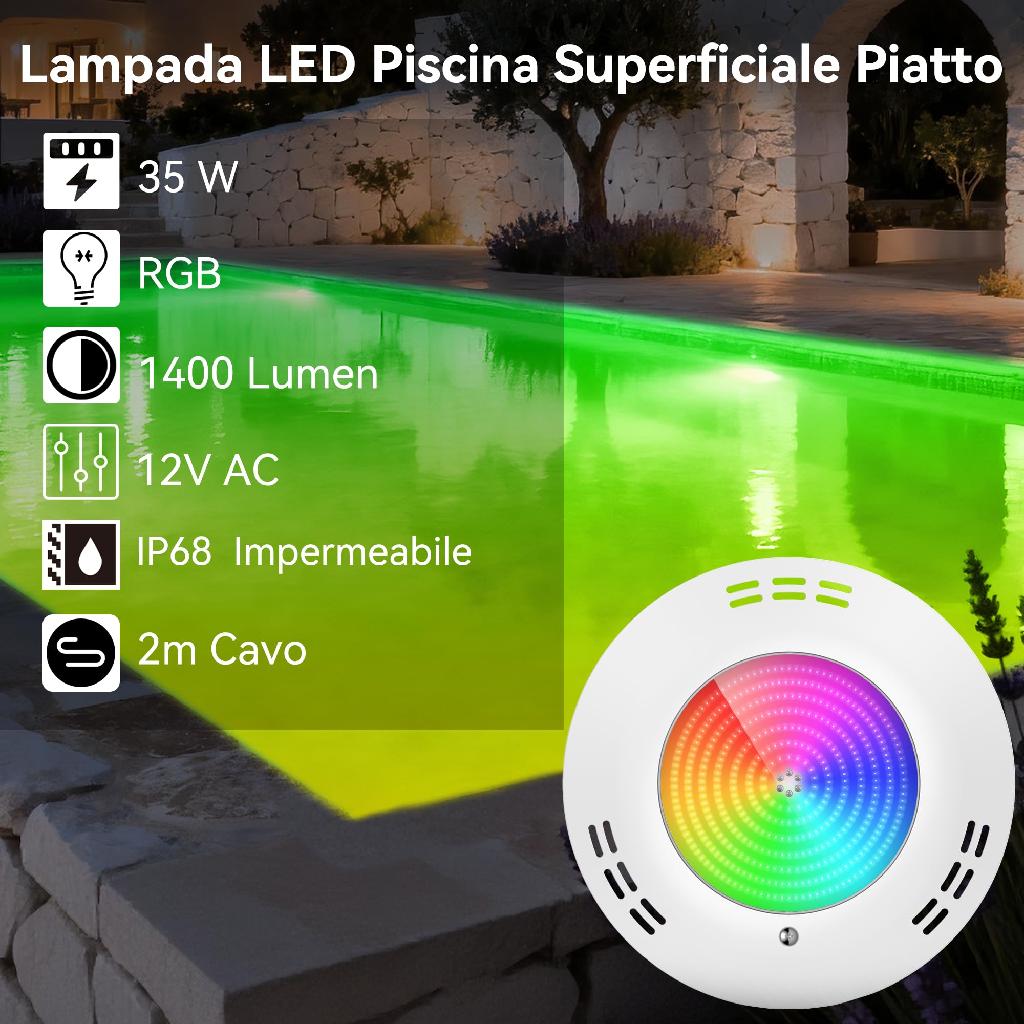 LyLmLe Luce Piscina LED Riempito di Resina,35W Faretti Ultrapiatta para Piscina RGB Sincronizzato con Telecomando,140°angolo del fascio,IP68 Impermeabile,12V AC(2 Lampada)