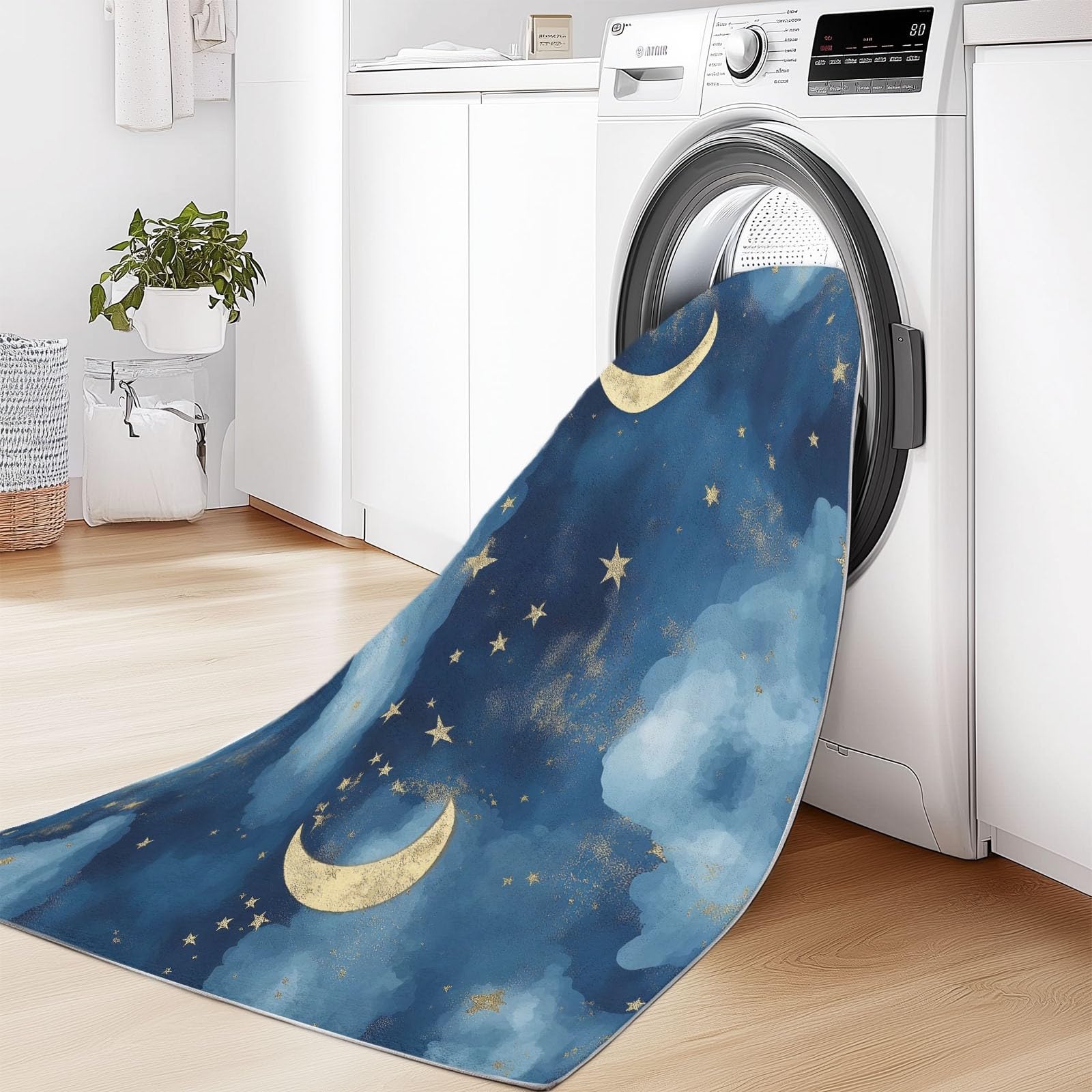 Lavabile in Lavatrice Tappeto per Soggiorno Camera da Letto Ufficio Decorazione 120 x 180 cm, Stile Acquerello Cartone Animato Nuvole Luna Tema Flanella Tappeti con Supporto Antiscivolo, Blu Scuro
