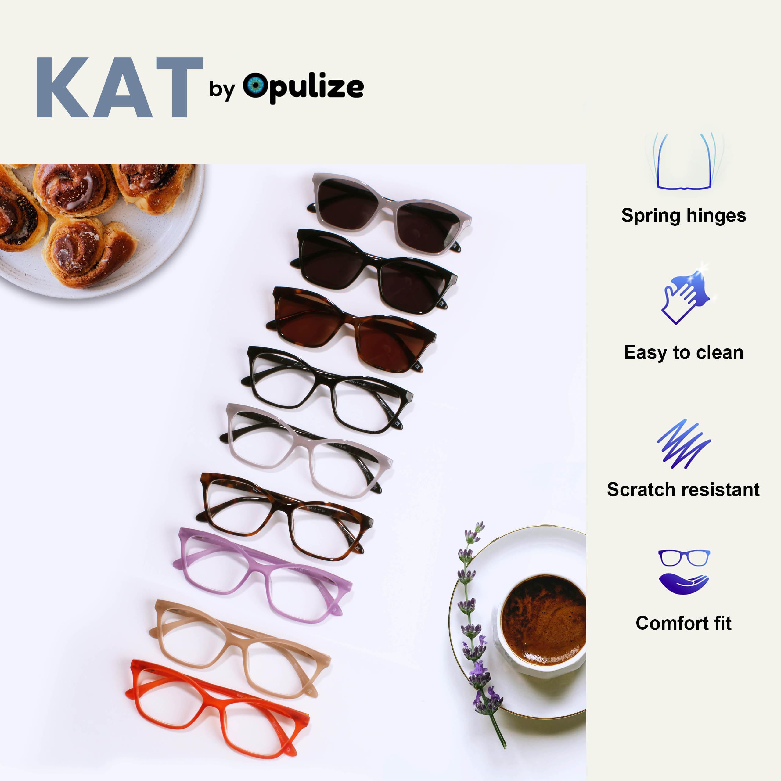 OPULIZE KAT Readers & Reading Sunglasses, 4-Pack, Cat-Eye Frame, Black, Brown, Grey, Brown, Men & Women, Spring Hinges - Image 4