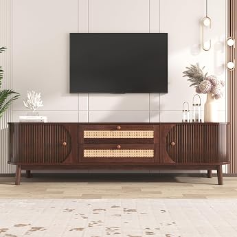 170 cm TV Cabinet with Doors and Drawers Lowboard Living Room with Rattan Sides Natural Country House Style TV Cabinet TV Board for Bedroom and Living Room Cabinet Wood Colour and Light Yellow