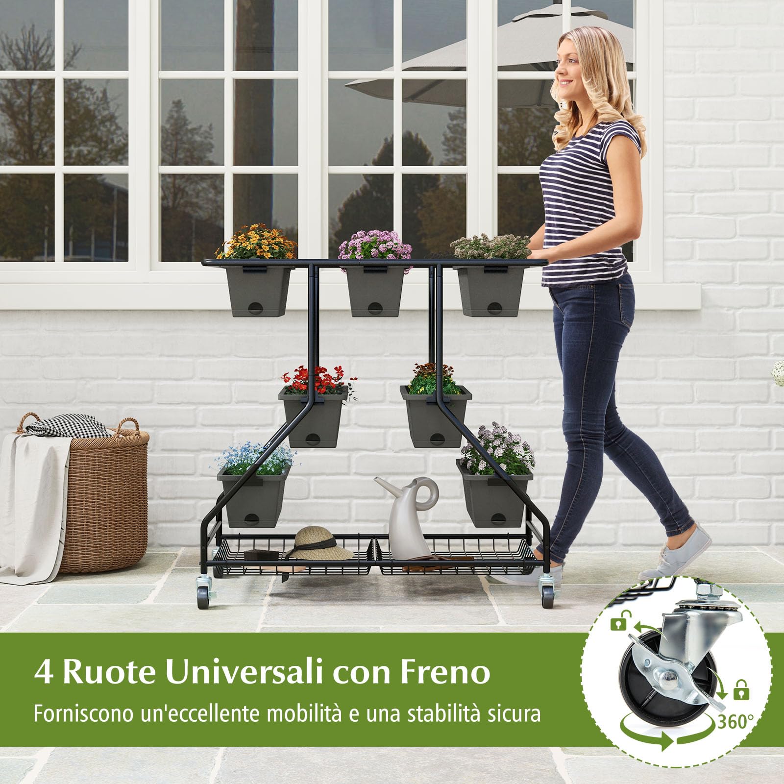 RELAX4LIFE Fioriera da Esterno, Scaffale Porta Piante con 7 Scatole, Fori di Drenaggio e Cesti di Stoccaggio, Supporto per Piante con Ruote Bloccabili per Balcone e Giardino