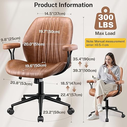 Miniatura 2 de Silla de oficina de cuero con reposabrazos extraíbles, silla de escritorio ergonómica de respaldo medio con soporte lumbar, silla ejecutiva