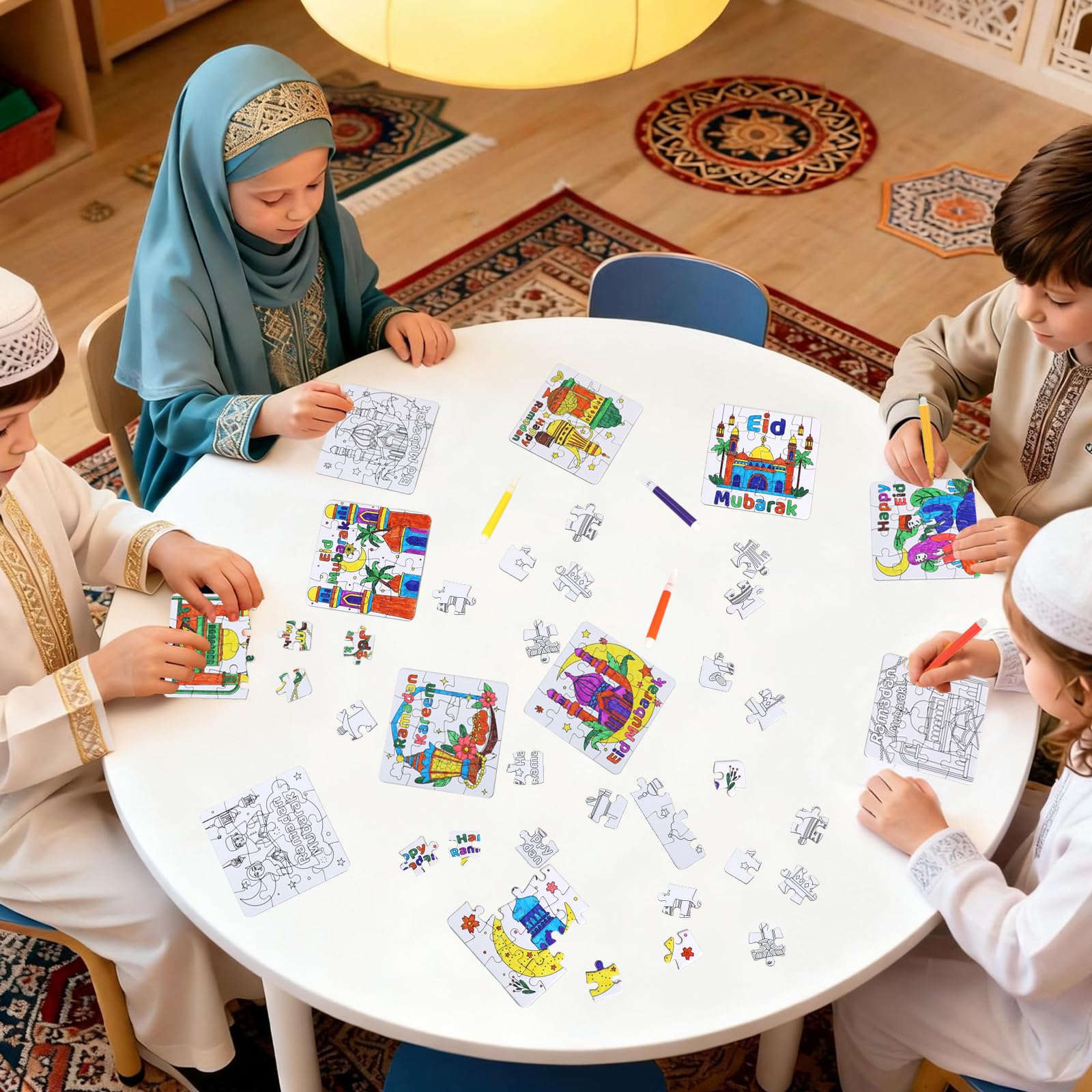 Ramadan Crafts for Kids, Eid Mubarak Arts and Crafts DIY Puzzle with Lanterns, Stars, Masjid, Moon, Castles, Ramadan Eid Activities Painting Kits for Islamic Gifts Party Favors & Goodies Bulk