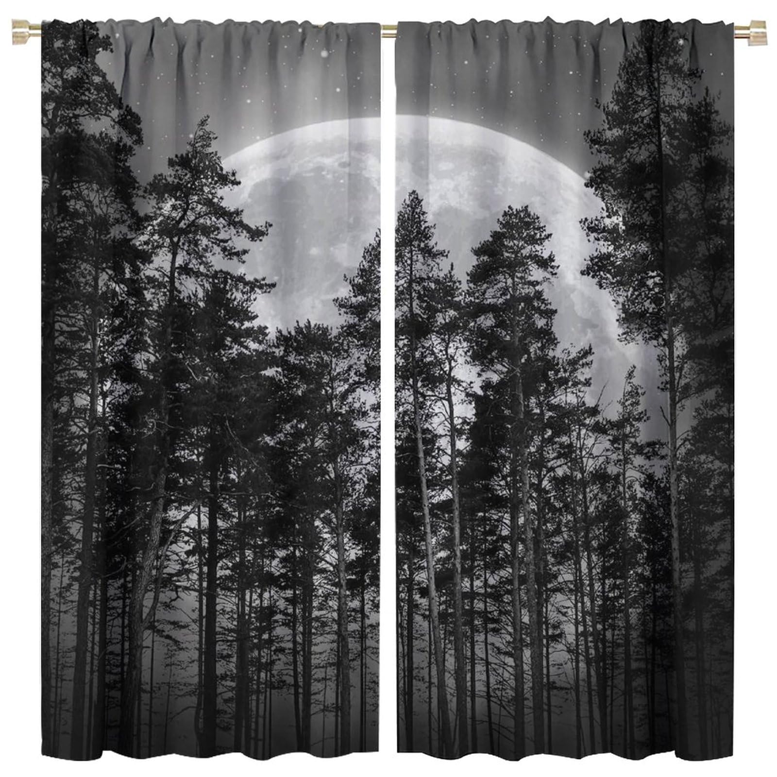 SXXLDNG Gothic Forest Moon Curtains,Dark Black Nature Star Tree Scenery Foggy Woodland Landscape Art Printed Window Treatments Living Room Bedroom