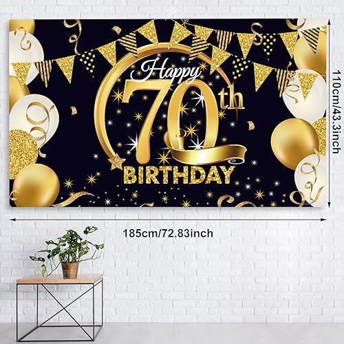 Miniatura 3 de Sumind Decoraciones de cumpleaños número 70 para él, telón de fondo negro y dorado para cumpleaños 70, mantel de feliz cumpleaños 70, 50 globos de