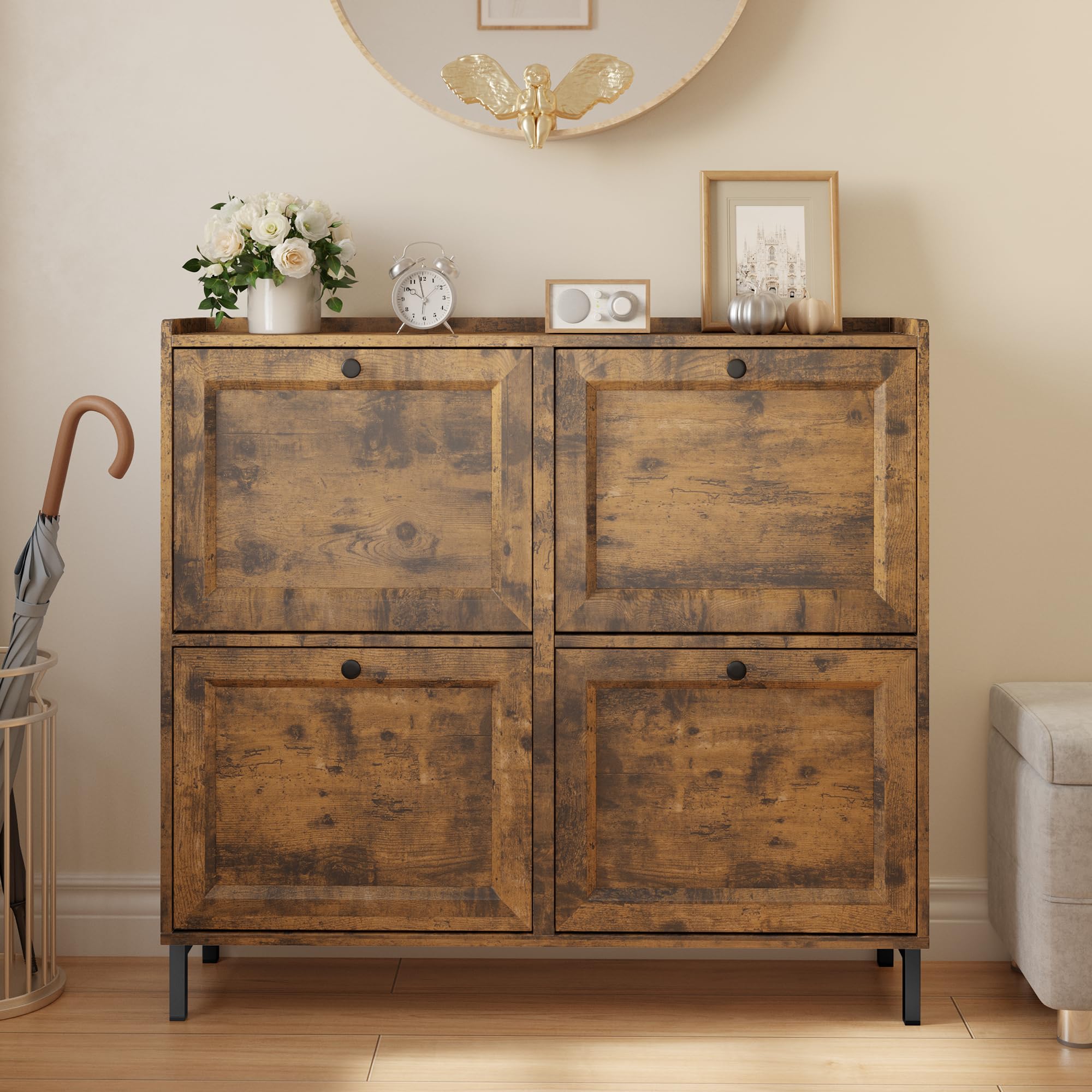 BonVache Schoenenkast Smal, Schoenrek met 2 Kleppen, Schoenkipper met Verstelbaar, Schoenopslag Hout, Schoenenplank Schoencommode voor Entree, Woonkamer, Hal, 80x24x102 cm, Rattan