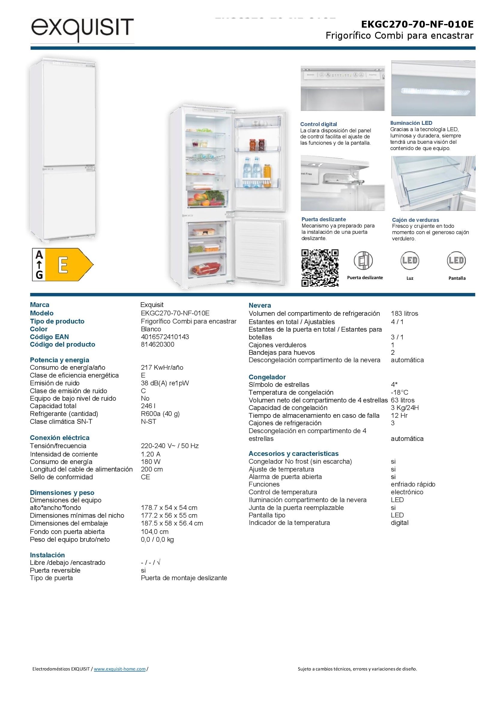 Exquisit® Frigorífico Combi, 246L, Clase E, Color Blanco, Tecnologia No-Frost, Cajón Verdulero, Puerta Reversible, Regulación con Visualización Digital, Consumo 217 kWh/año, Medidas 178,2x54x53 Cm.