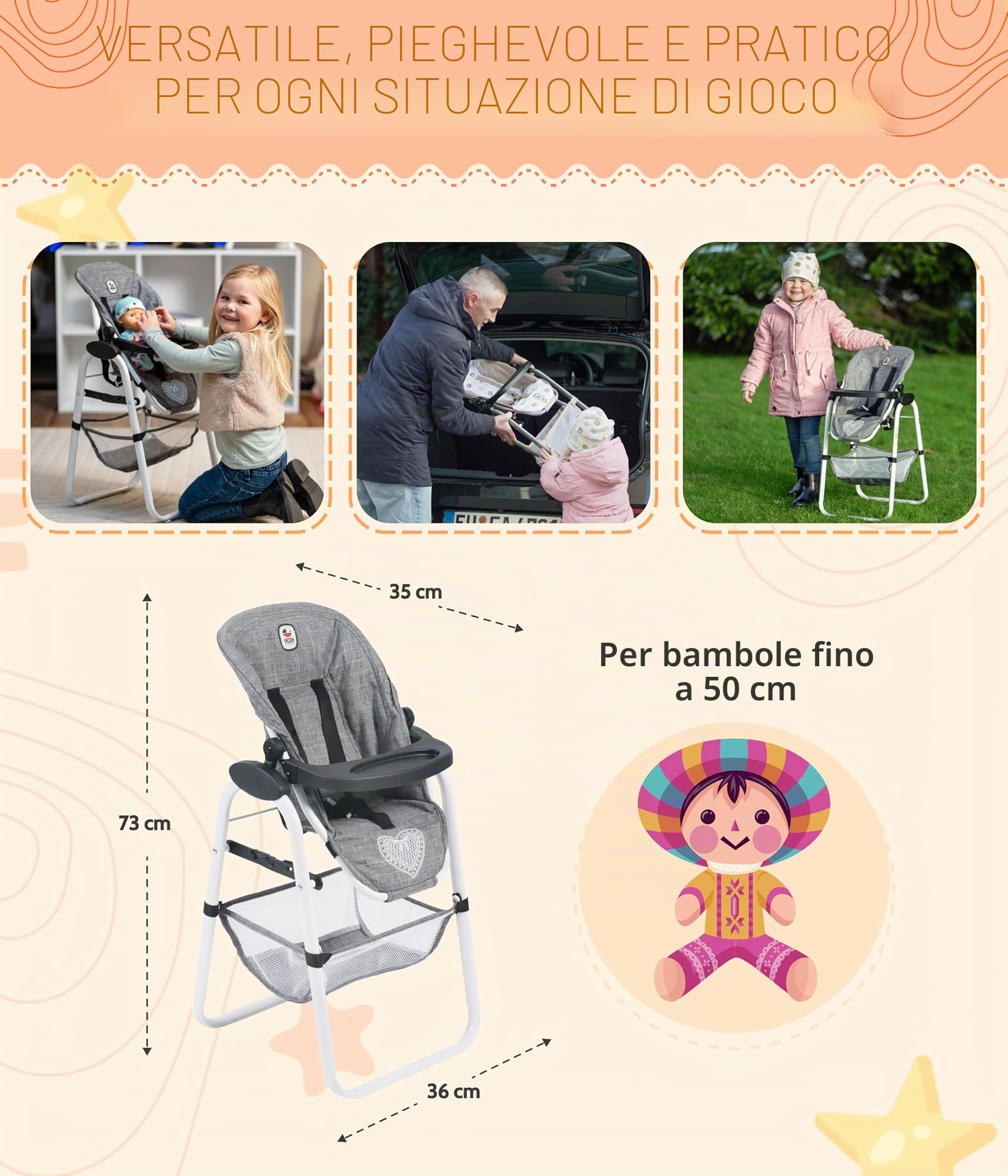 Bayer Chic 2000-Seggiolone per Bambole, Colore Jeans Grigi, 655 76