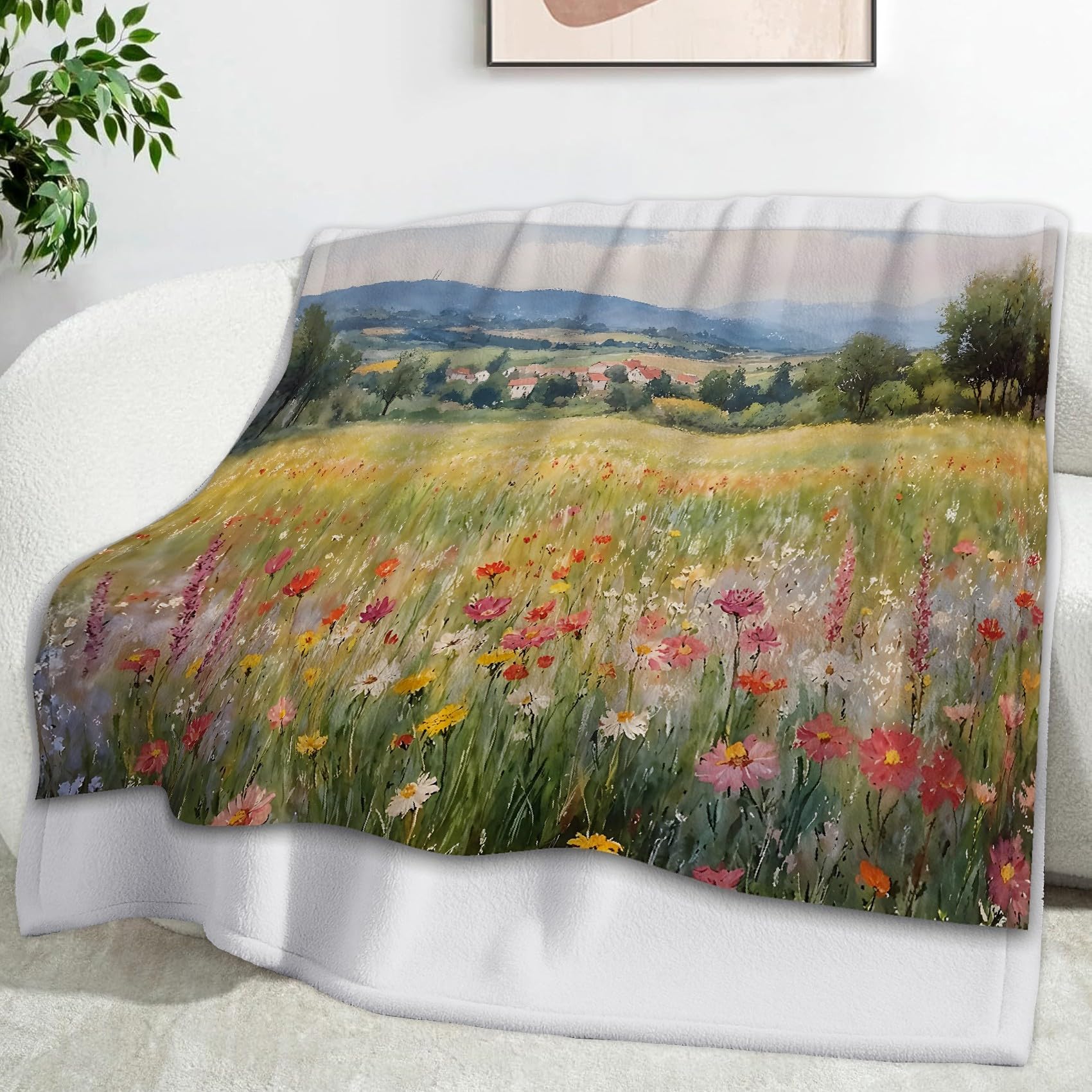 Ypthriline Flower Field Blanket, Watercolor Flower Field Microfiber Flannel Throw Blanket, Comfortable Soft Fluffy and Warm, Blankets for Beds, Sofas and Recliners, 130×150 CM