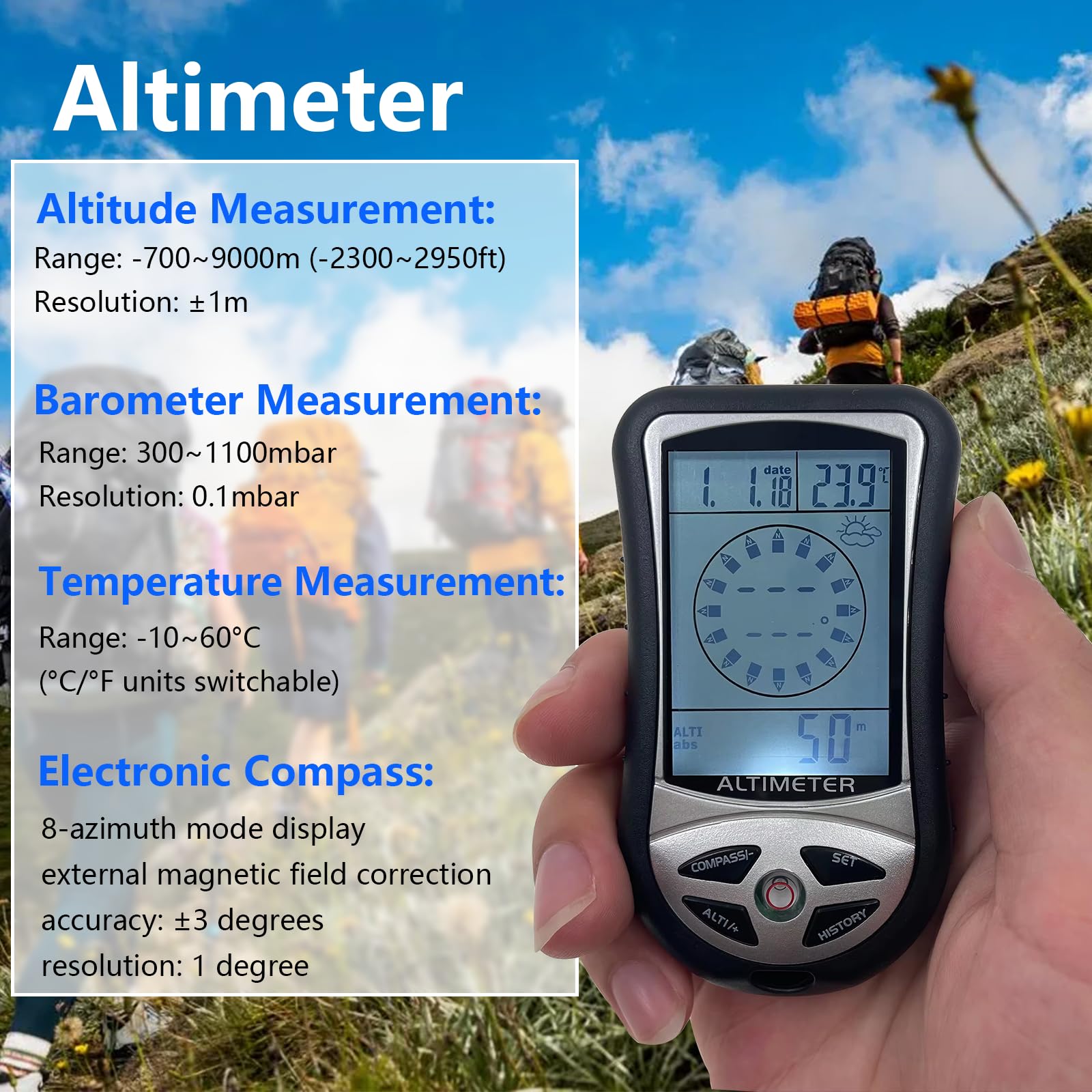 Altimètre numérique, boussole numérique, thermomètre de randonnée, minuterie et rétroéclairage, baromètre manuel 8 en 1 pour alpinisme en extérieur 2300 à 29500 pi 1100 MBAR, 300 mbar à 1100 mbar