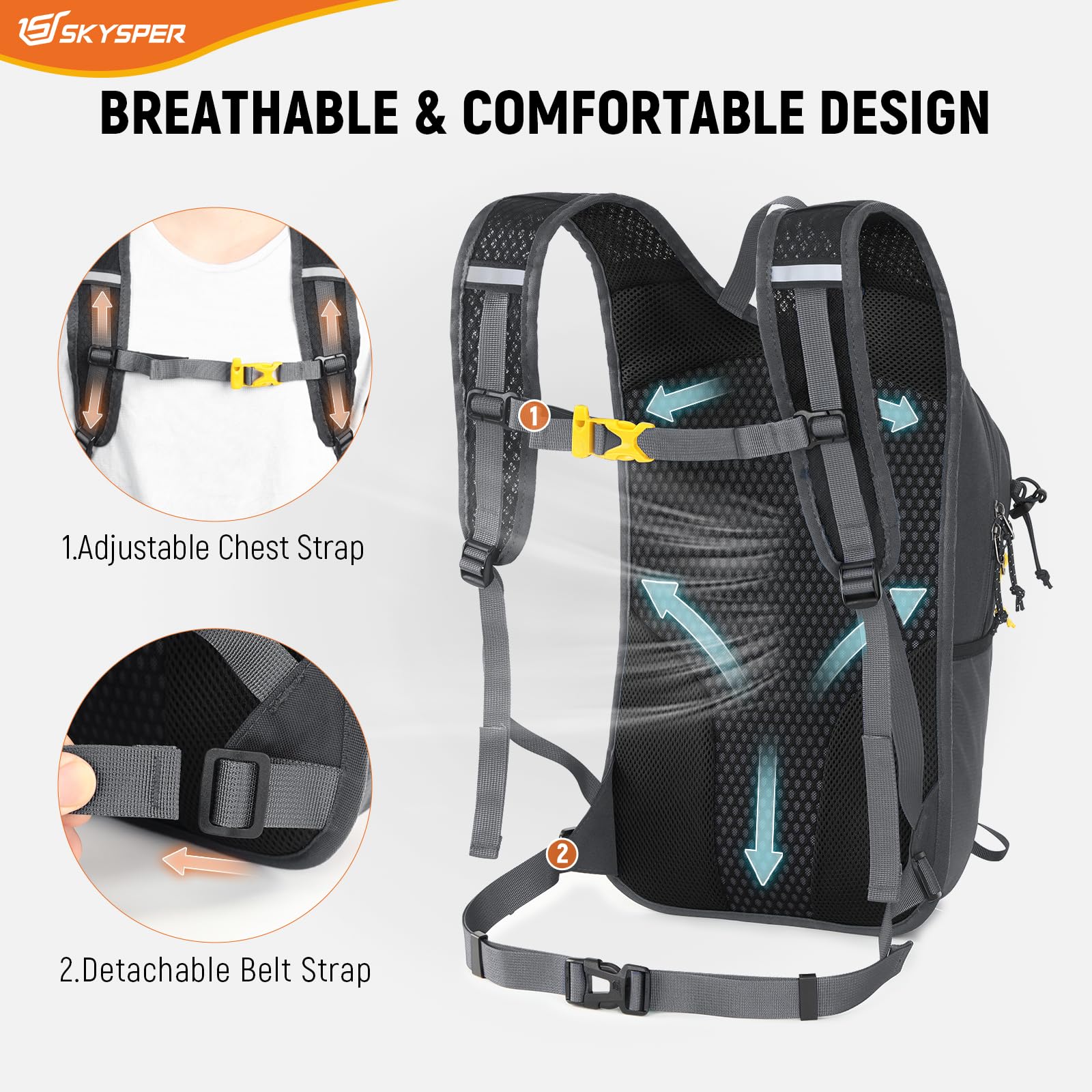 SKYSPER Kleiner Rucksack 15L Ski Rucksack Leichter Wanderrucksack & Fahrradrucksack für Damen und Herren Tagesrucksack Skirucksack Radfahren Wandern Outdoor Reisen
