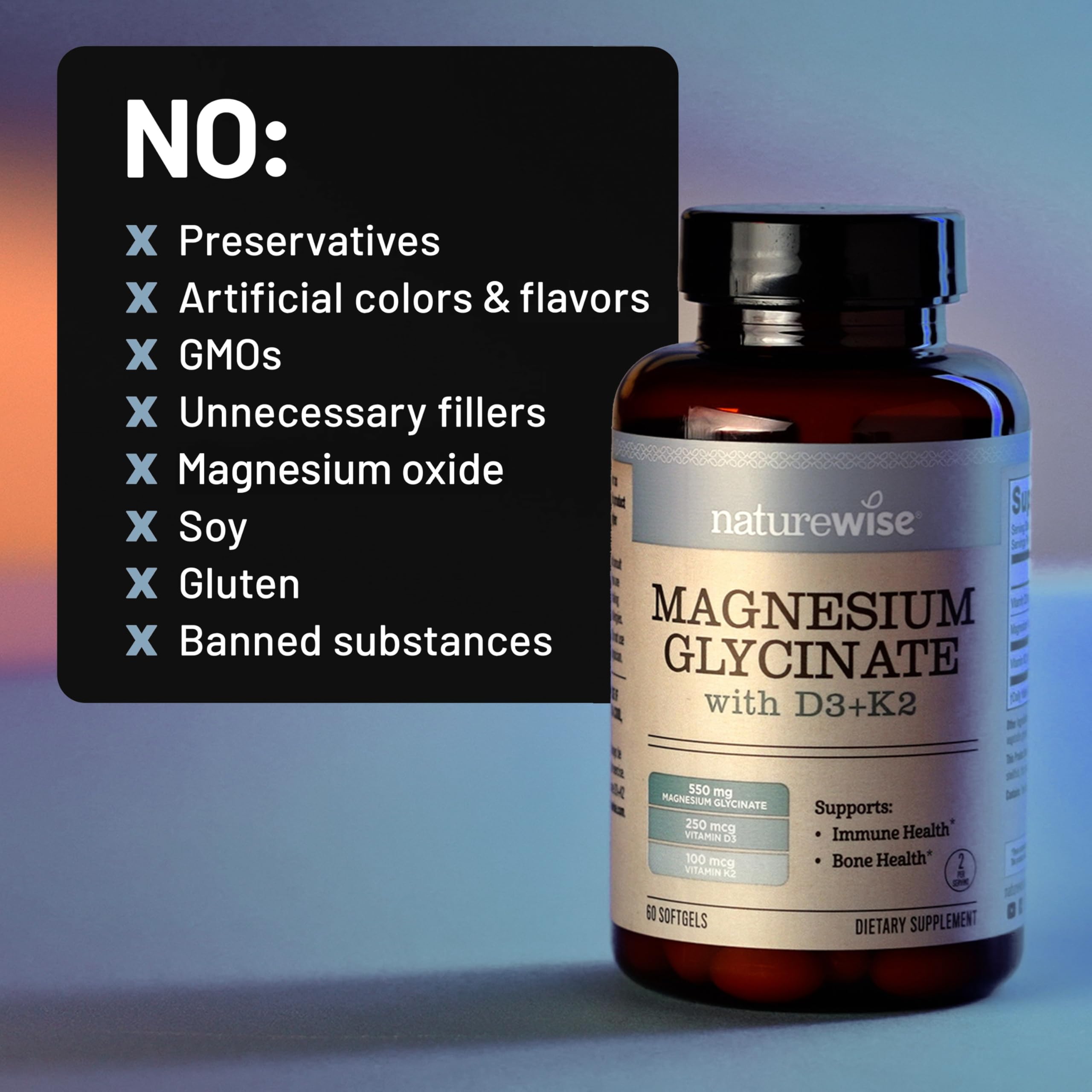 NatureWise Magnesium Glycinate 550mg + High-Dose 10000 IU Vitamin D3 K2 100 mcg - D3 K2 Magnesium Supplement - Chelated for High Absorption - Bone Support - Non-GMO, USA Manufactured - [30-Day Supply] — Amazon image 6