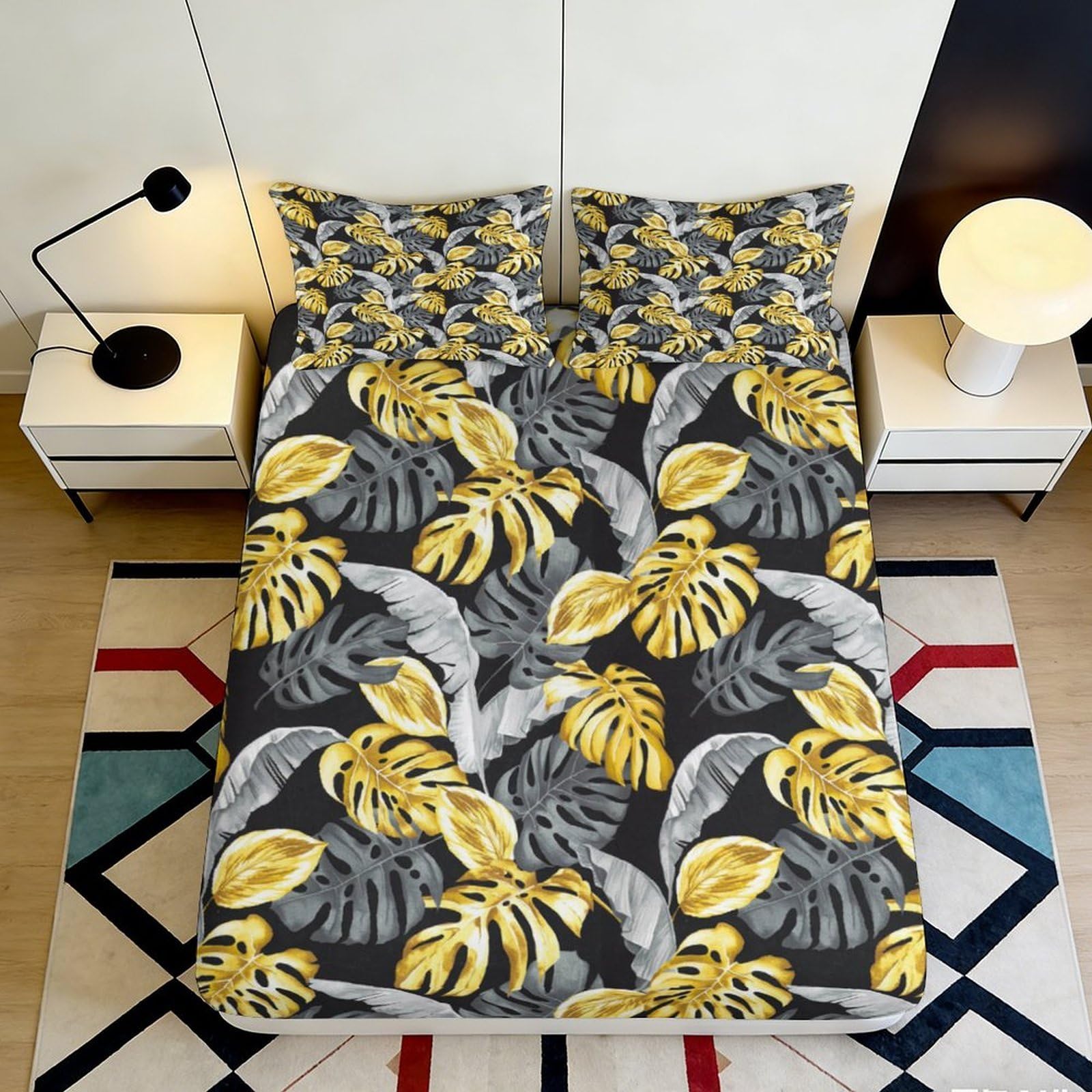 Jqzkxnhpbr Style-10 3D Printed Yellow Monstera Leaf Fitted Sheet Microfiber Soft Decorative Grey Tropical Bed Cover For Bedroom Dorm Mattress Protection 90X200x25cm