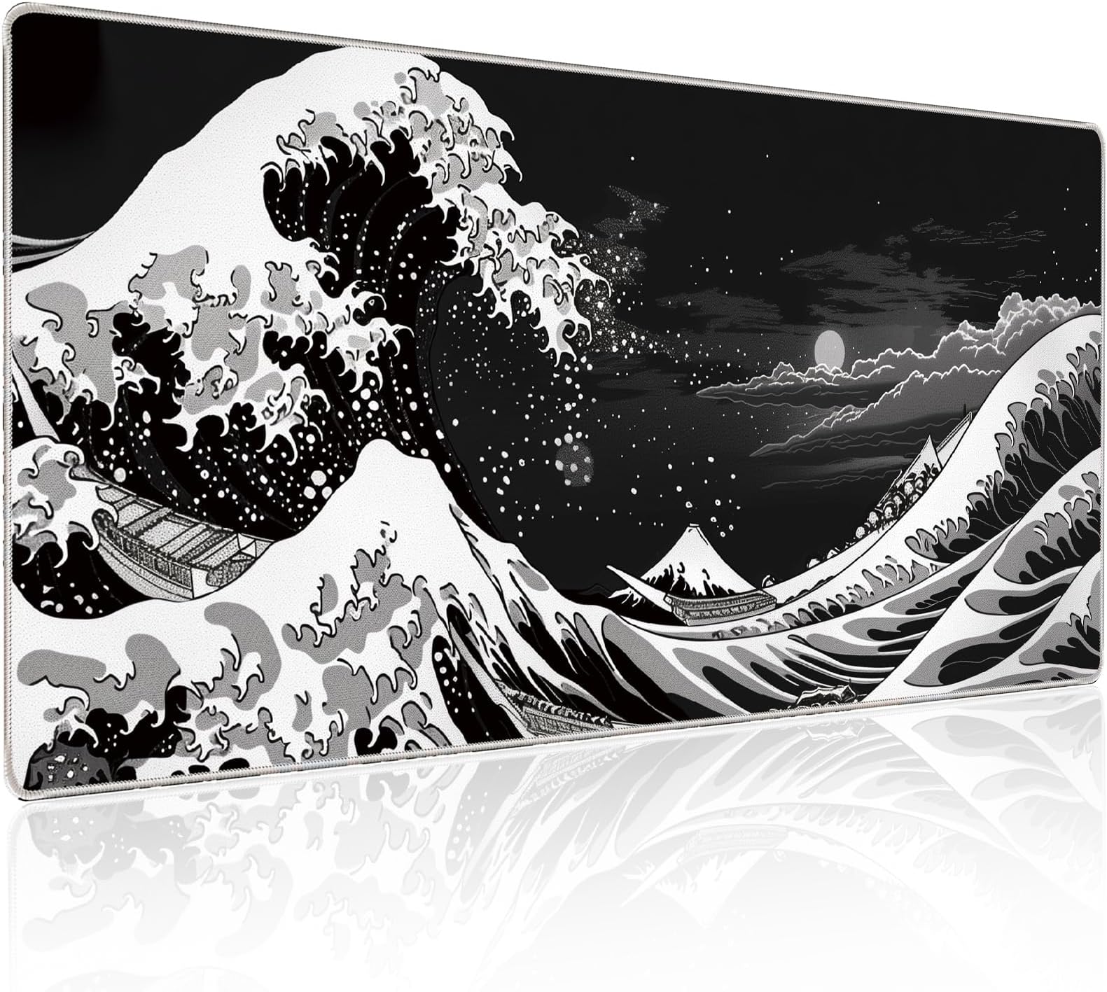Japanese Sea Wave Gaming Mouse Pad, 31.5×11.8in Japanese Kanagawa Black Mousepad Desk Mat, High-Performance Precision Lycra Fabric Mousepad for Fluid Control, Stable Non-Slip Rubber Base Mouse Pad