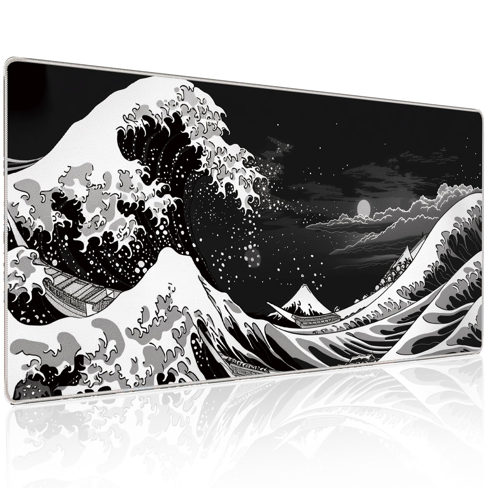 Japanese Sea Wave Gaming Mouse Pad, 31.5×11.8in Japanese Kanagawa Black Mousepad Desk Mat, High-Performance Precision Lycra Fabric Mousepad for Fluid Control, Stable Non-Slip Rubber Base Mouse Pad