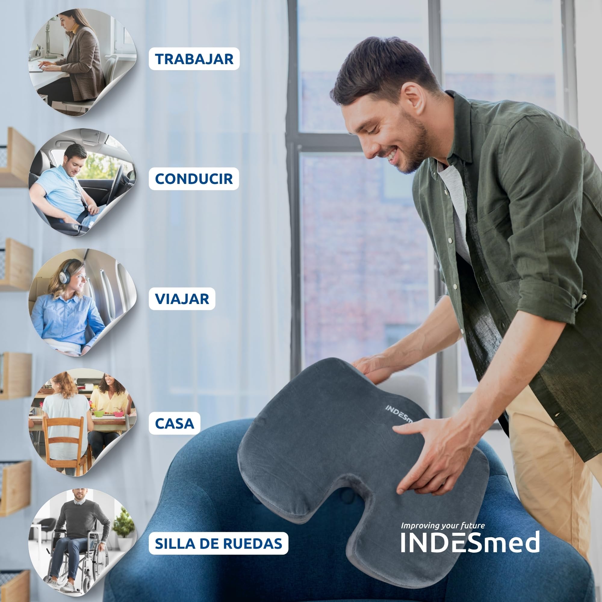 INDESMED Cojín Antiescaras Gel + Viscoelástico de Alta Densidad Premium Memory Foam | Funda Terciopelo Lavable con Antideslizante-Ergonómico, para Oficina, Hogar, Silla de Ruedas, Coche | 45x35x7cm